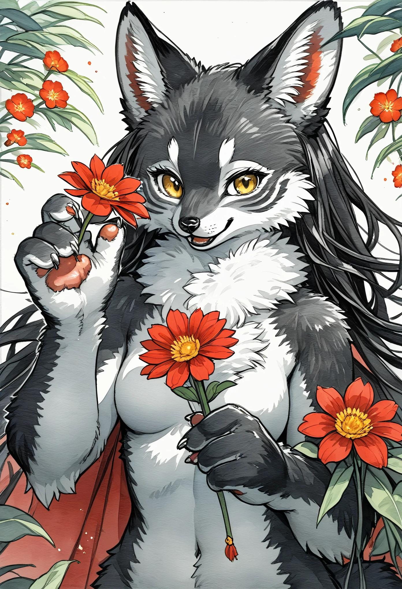 monochrome, watercolor, highres, top quality, best quality, paid reward available, High-quality illustrations, unparalleled masterpiece, perfect artwork, absurdres, 1girl, kemono, furry, detailed body fur, animal face, animal hand, Archaic Smile, holding a cluster of red flower in both hands, which are positioned at chest level, She is wearing a simple ring on the ring finger of her left hand, unfocused spread of red flower, fan-created work shared on platforms Pixiv or Twitter,
