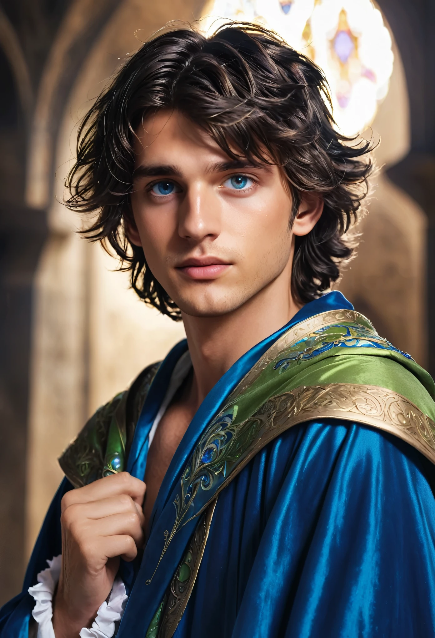 (1girl,1guy:1.5), (19 years old:1.5),(masterpiece:1.3), (beautiful detailed lights:1), (beautiful detailed face:1.4), (cinematic light:1.2), ultra detailed,(guy: (disheveled hair:1), black_short_hair, (emotionless:0.5), blue eyes, male, (very tan skin:1.3), mage, (blue, green mage robe, loose cape:1.5),(girl: short, , long hair, golden hair, medieval dress, (girl: fair skin:1.3)),(guy kissing girl), (frills:1.3), (beautiful detailed background:1.3),(glow_white_particles)
