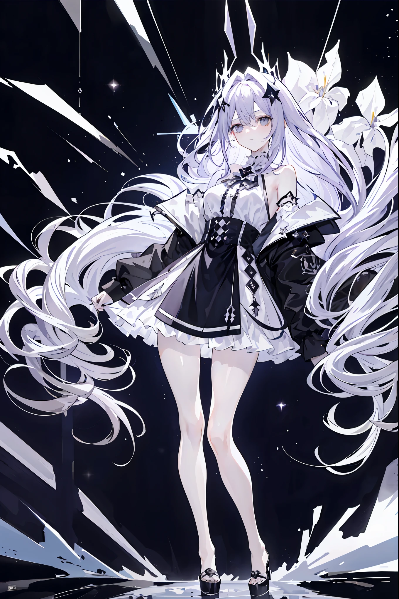 Light purple gradient hair,asymmetrical hair,（（Thick hair 1.8，Clear head outline 1.6））， Shoulder-length hair, messy hair, Very long hair, shiny hair，(long gray hair:1.2),A beautiful girl，（Luxury Platinum Mini Lolita，Made of transparent material），（Transparent clothes transparent 1.8），Perfect body，High，Slender，(Looks sad，Looks haggard、Looks haggard、Pale nipples ，Grief，shut your mouth：1.2） Against the background of an unusually bright dark starry sky，stand up（Put your hands behind you），（round,  Large target, Firm breasts）,float，water surface，（long legs，long legs，long legs，Complete），Full body image