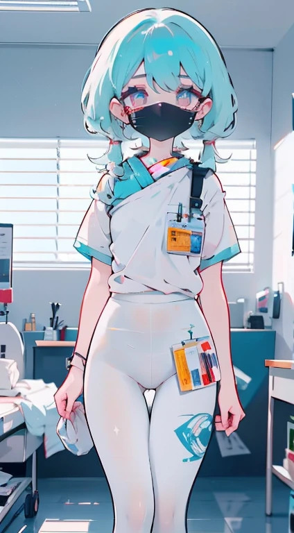 1 garota, Sozinho, enfermeira, enfermeira cap, desgaste branco, ((legging branca, zetai ryouiki)), luvas brancas, twintails, cabelo amarelo, olhos roxos, ((White surgical mask, nariz coberto)), standing, ((quarto de hospital)), sharp contour, Manga curta, melhor qualidade, Obra de arte