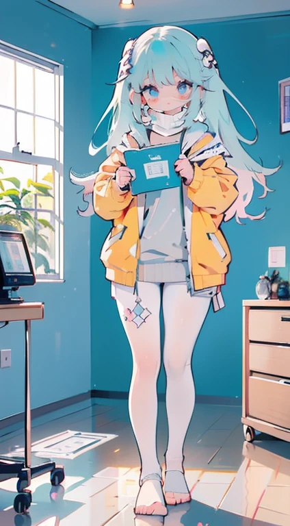 1 garota, Sozinho, enfermeira, enfermeira cap, desgaste branco, ((legging branca, zetai ryouiki)), luvas brancas, twintails, cabelo amarelo, olhos roxos, ((White surgical mask, nariz coberto)), standing, ((quarto de hospital)), sharp contour, Manga curta, melhor qualidade, Obra de arte