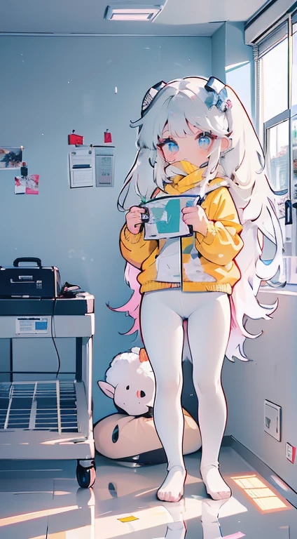 1 garota, Sozinho, enfermeira, enfermeira cap, desgaste branco, ((legging branca, zetai ryouiki)), luvas brancas, twintails, cabelo amarelo, olhos roxos, ((White surgical mask, nariz coberto)), standing, ((quarto de hospital)), sharp contour, Manga curta, melhor qualidade, Obra de arte