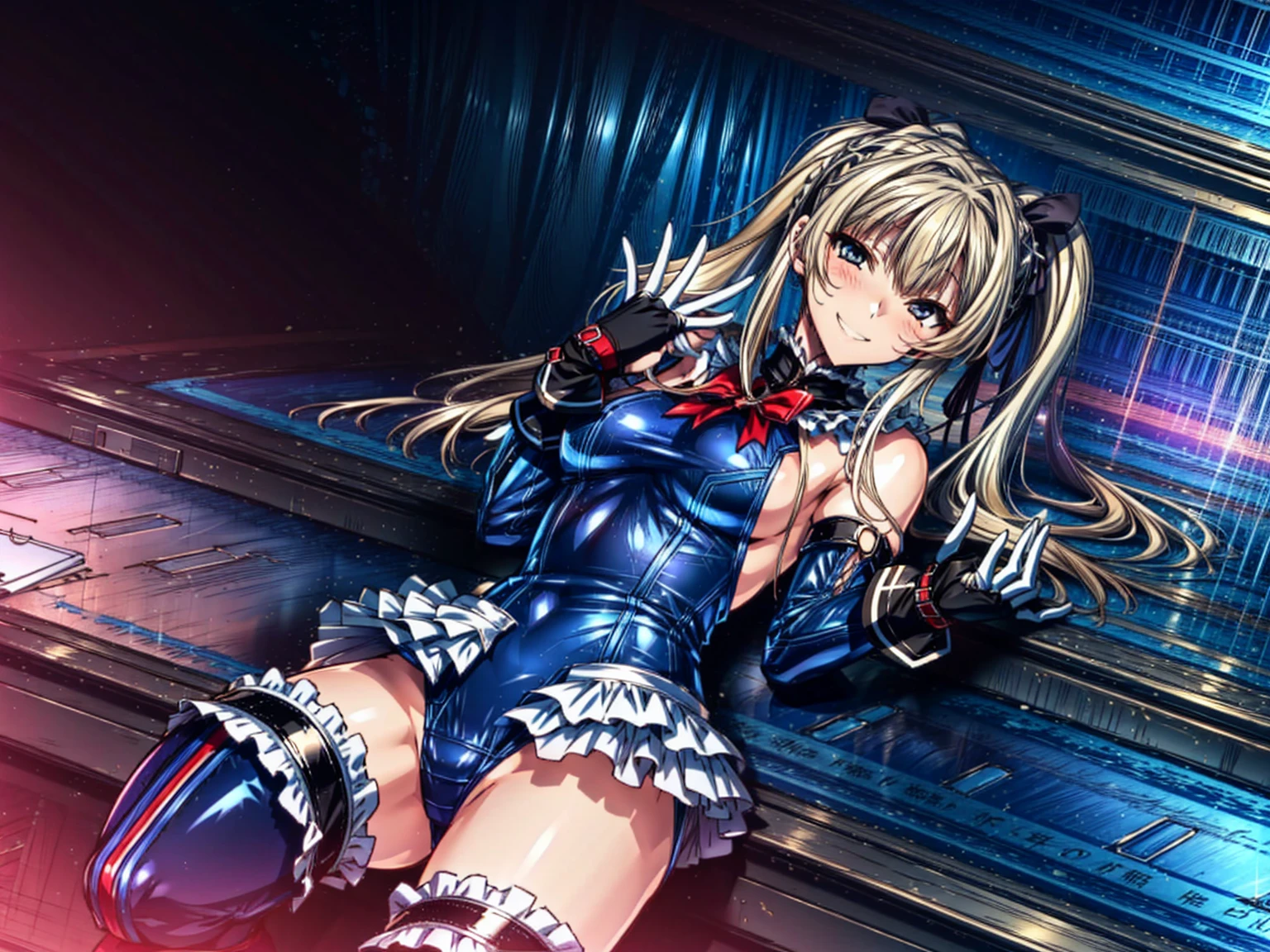 4K,Perfect Anatomy, highest quality, Marie Rose,Wicked Smile,Provocative attitude
,,Wicked Smile,Anime Style,(Frilled swimsuit, Knee socks, Removed sleeve), (Anime Style:1.4) ,
,(White fingers:1.1,Black gloves),
Hollow Eyes,whole body,3girls、(In the research facility:1.4)
