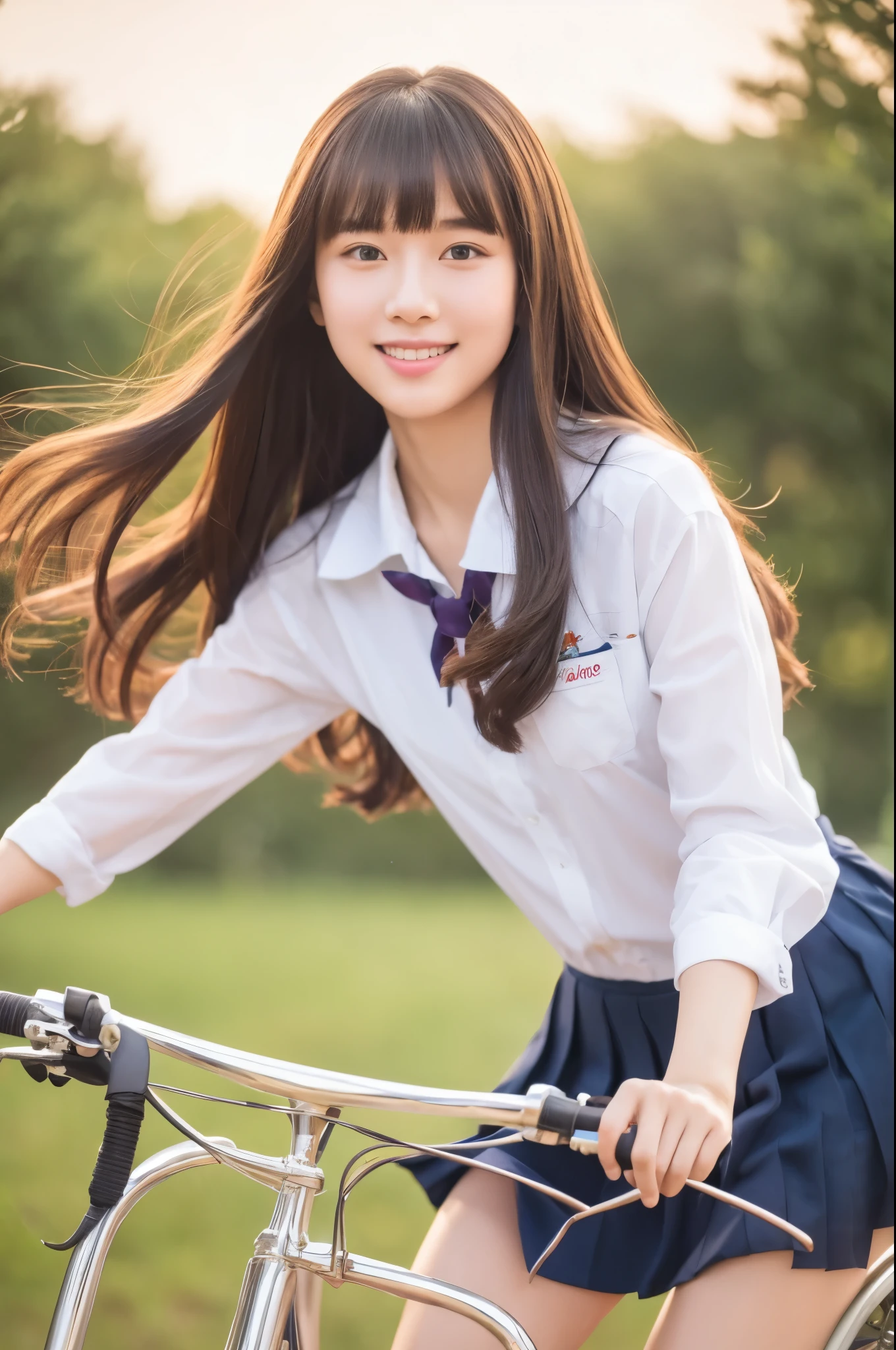 8k、highest quality、masterpiece、超A high resolution、picture、The elegance of beautiful Japanese women、Single-lens reflex camera、There are good ones、A transparent atmosphere、sexy lip、slanted bangs、beautiful face、long hair、make bangs、smile、natural soft light、One 17 year old high school girl in uniform、country road、riding a bicycle