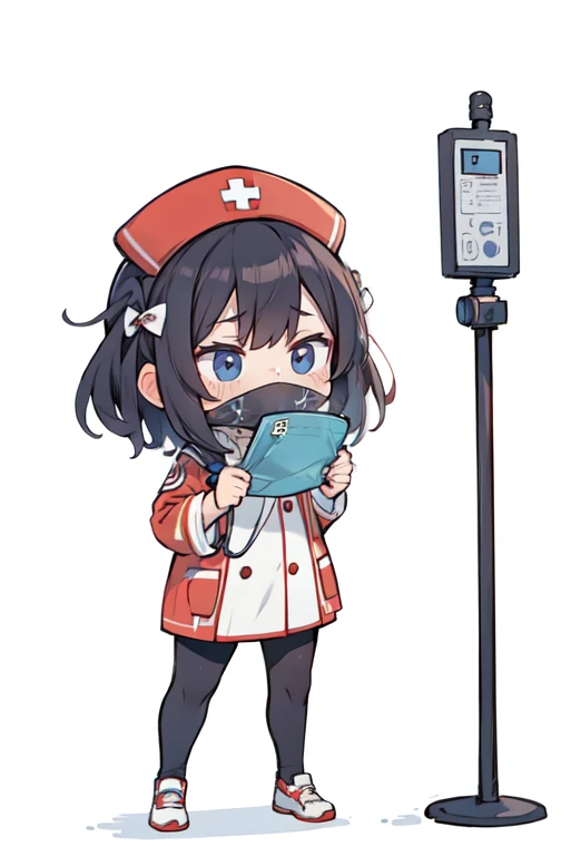 1 mulher, Sozinho, enfermeira, white enfermeira cap, white enfermeira uniform, ((legging branca, zetai ryouiki)), luvas brancas, cabelo loiro, olhos azuis, ((White surgical mask, nariz coberto)), standing, ((quarto de hospital)), sharp contour, Manga curta, mulher madura, 35 anos de idade, melhor qualidade, Obra de arte