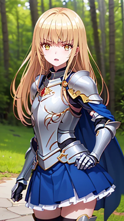 mahiru shiina, bangs, blonde hair, brown hair, (yellow eyes:1.3), Knight girl posing for a photo, cute女の子, (((UHD)), ((highest quality)), ((masterpiece)), (Very detailed), (High resolution), (Beautiful detailed sparkle), (High detail), (Anatomically correct)), ((Realistic)), ((The best CG)), Ultra-detailed art, CG illustration, 8k, 1080P, Photorealistic:1.37,  Anime 2D Rendering,

(((One Woman))), 
(Symmetrical facial features:1.4, Perfect Face), Beautiful clavicle, (Beautiful fingers), (Beautiful breasts, ((Small breasts))), 
Beautiful body, Beautiful thighs, Beautiful feet, Perfect round butt, (((Detailed skin, Oily skin, Textured skin, Beautiful Skin:1.4))), 

(((Baby Face, cute, 10 years old))), 
(Expression of fine eyes, Beautiful and delicate eyes, Sparkling eyes), 
(Beautiful Nose,Thin Nose), 
(Smaller mouth, Glossy Lips, Beautiful Lips, thick lips), 

(((Silver Armor:1.4、Decorated red breastplate、Blue skirt-like armor:1.2、Gauntlet、Shin Guards、Blue Cape:1.2、Has a bow:1.2)))、
BREAK 

(laughing、smile),  
BREAK 
(noon、(Sunshine、In the forest of fantasy world:1.4、blue sky)), ((Cowboy Shot))

