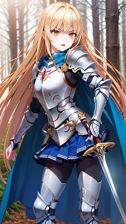 mahiru shiina, bangs, blonde hair, brown hair, (yellow eyes:1.3), 騎士の女の子がswordを持って戦闘態勢をとっている:1.4, He has a shield on his left arm, cute女の子, (((UHD)), ((highest quality)), ((masterpiece)), (Very detailed), (High resolution), (Beautiful detailed sparkle), (High detail), (Anatomically correct)), ((Realistic)), ((The best CG)), Ultra-detailed art, CG illustration, 8k, 1080P, Photorealistic:1.37,  Anime 2D Rendering,

(((One Woman))), 
(Symmetrical facial features:1.4, Perfect Face), Beautiful clavicle, (Beautiful fingers), (Beautiful breasts, ((Small breasts))), 
Beautiful body, Beautiful thighs, Beautiful feet, Perfect round butt, (((Detailed skin, Oily skin, Textured skin, Beautiful Skin:1.4))), 

(((Baby Face, cute, 10 years old))), 
(Expression of fine eyes, Beautiful and delicate eyes, Sparkling eyes), 
(Beautiful Nose,Thin Nose), 
(Smaller mouth, Glossy Lips, Beautiful Lips, thick lips), 

(((Silver Armor:1.4、Breastplate decorated with red gemstones、Blue skirt-like armor:1.2、Gauntlet、Shin Guards、Blue Cape:1.2、sword:1.4)))、
BREAK 

(Glaring、Angry、Open your mouth),  
BREAK 
(noon、(Sunshine、In the forest of fantasy world:1.4、blue sky)), ((Fighting Pose、Cowboy Shot))

