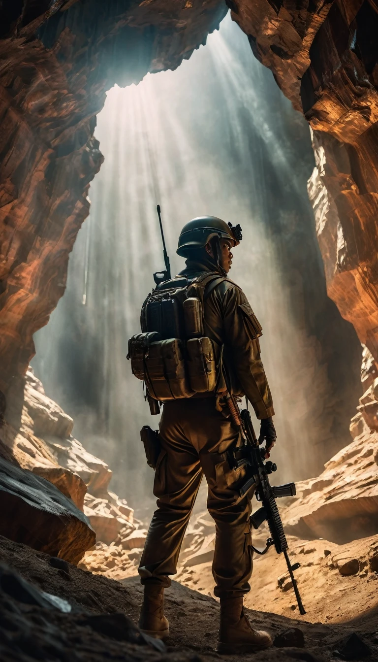 In this image, a indonesia soldier is depicted in a cave, holding a rifle and standing in front of a flag representing indonesia. The overall atmosphere evokes a cyberpunk aesthetic, blending elements of dystopian futurism with the current geopolitical situation in indonesia,
digital UHD (64k) image, cinematic film still dramatic side lighting, dramatic intense stare closeup portrait, hdr, shallow depth of field, vignette, highly detailed, high budget Hollywood film, cinemascope, moody, epic, gorgeous
, Highly detailed and clean, Photorealistic and cinematic masterpiece, professional photography, realistic, realism, 200k , Raytracing and light effect , digital, perfect composition, beautiful detailed intricate insanely detailed octane render trending on artstation, 8 k artistic photography, photorealistic concept art, soft natural volumetric cinematic perfect light, award - winning photograph, masterpiece, raphael, caravaggio, greg rutkowski, beeple, beksinski, giger