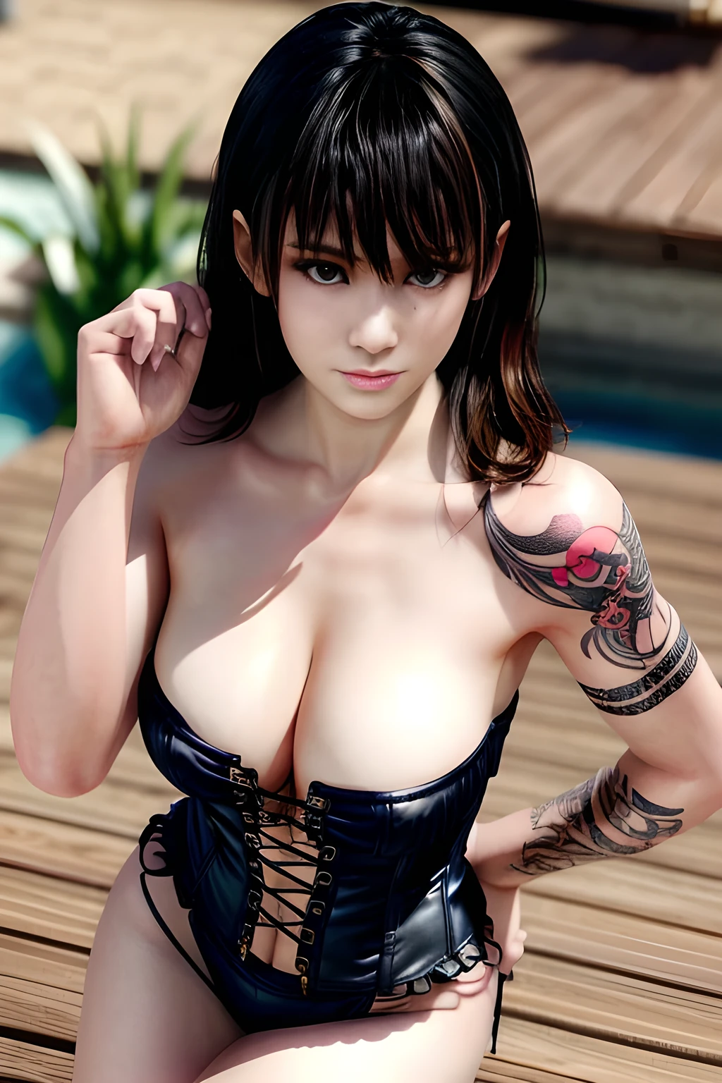 1girl, Wearing a jumpsuit, a corset, , appealing cleavage,( beautiful tattoo:1.2), overhead view, beautiful detailed eyes, beautiful detailed lips, extremely detailed eyes and face, long eyelashes, feminine charm, detailed texture, snug fit, fashionable, soft fabric, radiant skin, (best quality,4k,8k,highres,masterpiece:1.2), ultra-detailed, (realistic,photorealistic,photo-realistic:1.37),nanami