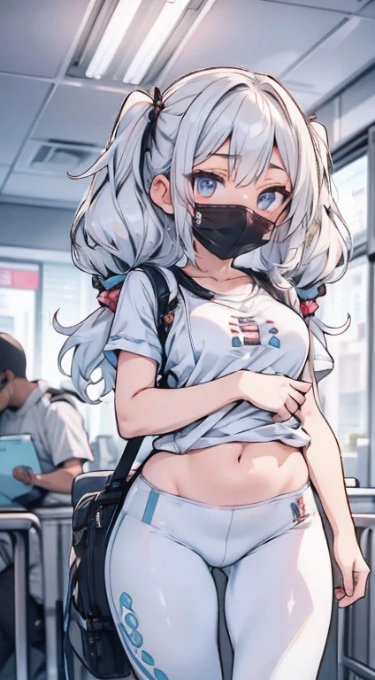 1 garota, Sozinho, enfermeira, enfermeira cap, desgaste branco, ((legging branca, zetai ryouiki)), luvas brancas, twintails, cabelo amarelo, olhos roxos, ((White surgical mask, nariz coberto)), standing, ((quarto de hospital)), sharp contour, Manga curta, melhor qualidade, Obra de arte