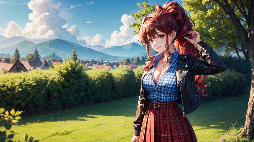 1girl, summer, village, trees, sun, clouds, ((colorful hair)), long hair, curly hair, ponytail, large breasts, button down shirt, ((blue checked shirt)), ((unbuttoned shirt)), cleavage 1:3, brown eyes, ((opened brown zipper jacket)), leather jacket, ((red black skirt)), smile, looking at the viewer, touching neck, standng, hair ribbon, golden necklate