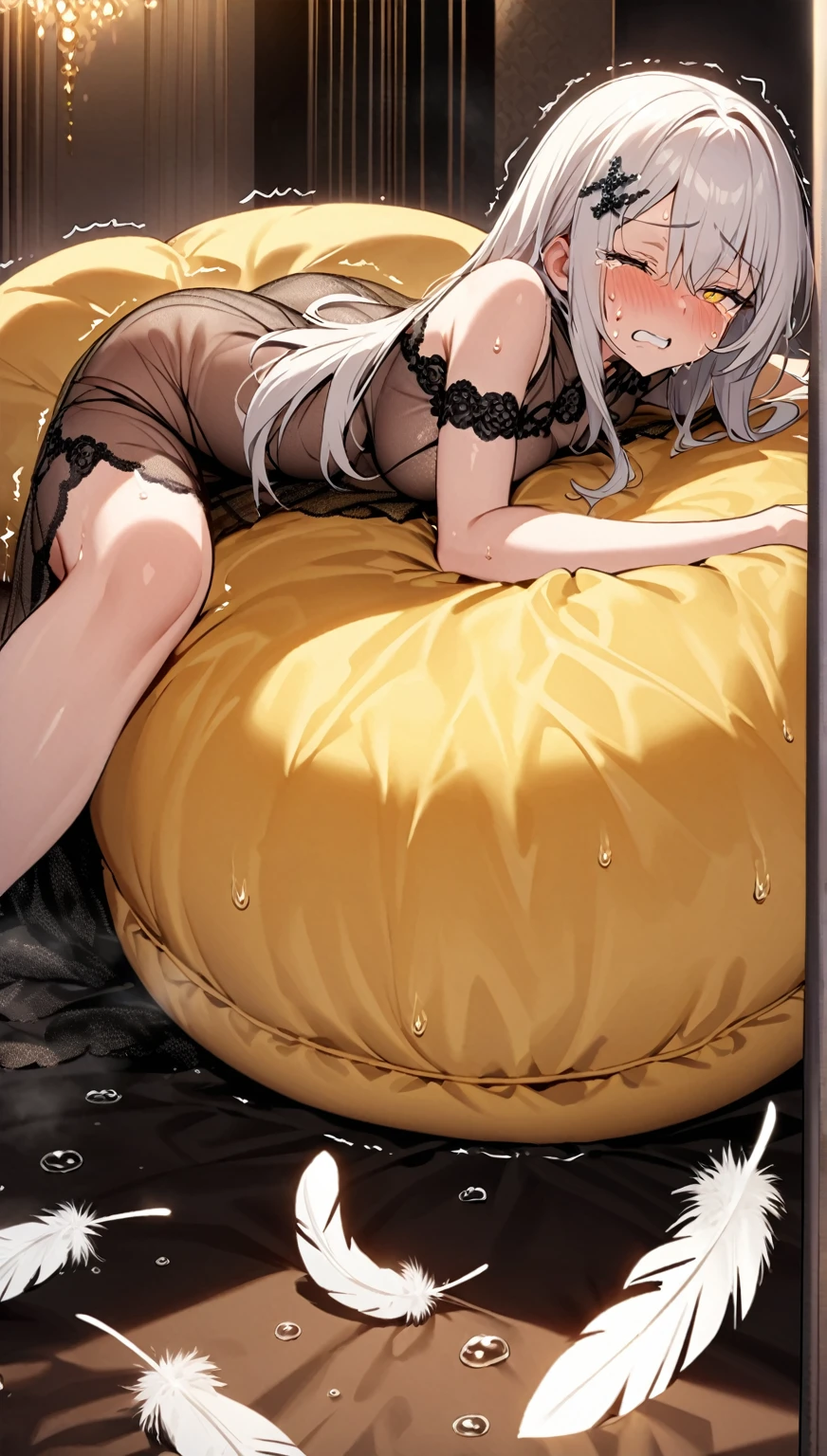 Flowing white hair, melancholy eyes, yellow pupils, black diamond-shaped hairpins, many tiny feathers dancing, wearing a see-through gown, lying on a super huge,very soft, golden silk cushion in a large position, resting all her weight on it,She's sweating profusely. She's blushing. Luxurious room, Panting, Legs spread apart. Eyes closed, teeth clenched. The cushion is stained with her sweat. She's sweating like crazy. Lots of water dripping from her body. Lots of sweat,crying, Many tears, She's trembling. Lots of big droplets on the cushion.