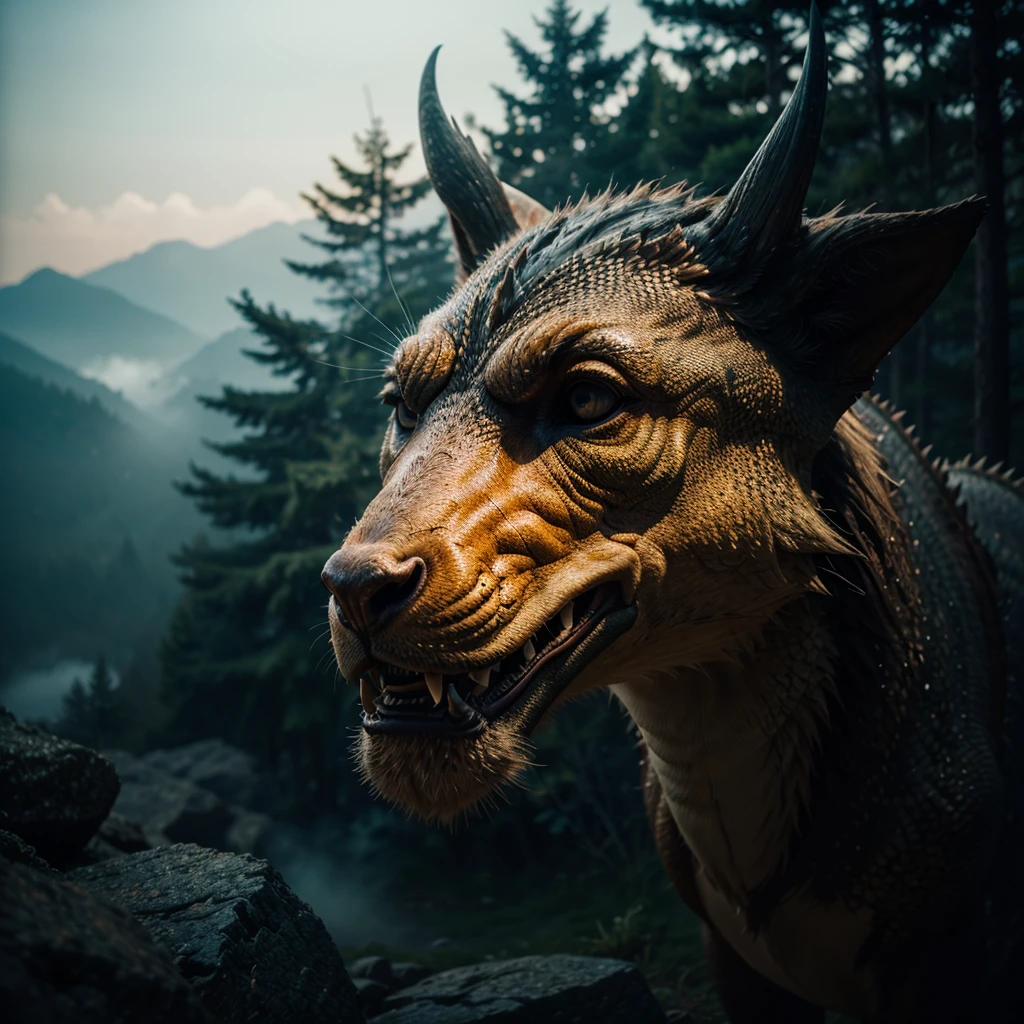 Complex 3D rendering of [[a highly detailed head of a dragon]]、[[a highly detailed head of a dragon]], (mountain:0.8), (cross-processing), (highly detailed), sharp shadows, intricately detailed, photographed on a Hasselblad 500, 80mm F2.8 lens, with Cinestill 800T film, cinematic contrast, outdoors, 32k, sharp focus, detailed sky, Dynamic movement, floresta, emerald fog, mystic, dynamic lighting, filigrana altamente detalhada, complicado, vivid colours, wide angle lens, HDR, hard shadows, art photography, breathtaking, (lens flare:0.7), atmospheric perspective, masterpiece, Neon light, 8K, raw, Best Quality, mastepiece, A high resolution, Colorful, (medium wide shot), (Dynamic perspective), The whole picture、sharp focus , (depth of field f16), ((mastepiece, Best Quality)), Detailed background, Photographed with Canon R5, ​masterpiece, [[The DRAGON'S HEAD is surrounded by mist, evoking a mysterious and eerie atmosphere. The lighting is dark and atmospheric, with a red smoke adding a touch of sinister ambiance. The image is of the best quality, with a resolution of 4k and HDR enhancement, showcasing the utmost level of detail and realism. View from above]]
