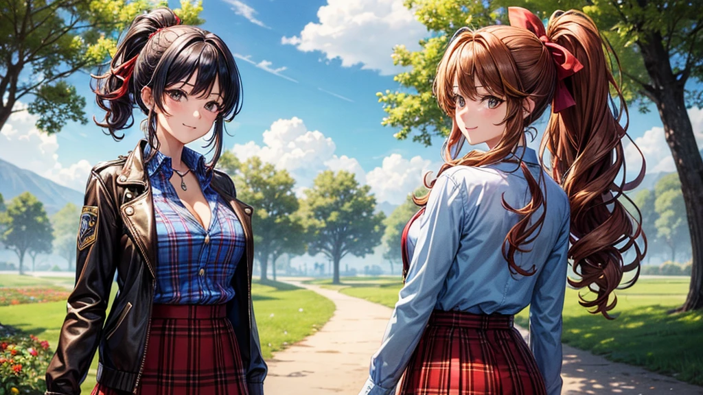1girl, summer, village, trees, sun, clouds, ((colorful hair)), long hair, curly hair, ponytail, large breasts, button down shirt, ((blue checked shirt)), ((unbuttoned shirt)), cleavage 1:3, brown eyes, ((opened brown zipper jacket)), leather jacket, ((red black skirt)), smile, looking at the viewer, touching neck, standng, hair ribbon, golden necklate