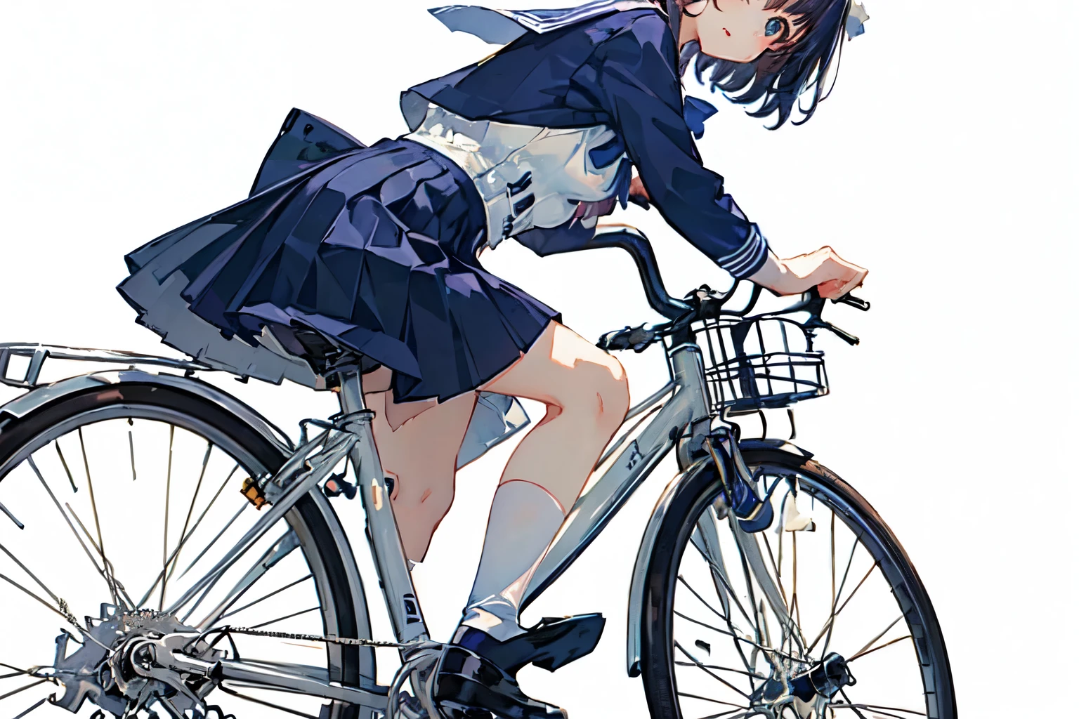 (highest quality、masterpiece)、(A  riding a bicycle、Mamachari、alone、whole)、(From the side)、(Cute Face)、short hair、White Sailor Suit、uniform、Long skirt、Pleated skirt、shoes、(No background)、White Background、Blur the background、(Watercolor of singer Sargent)、Impressionist style painting、