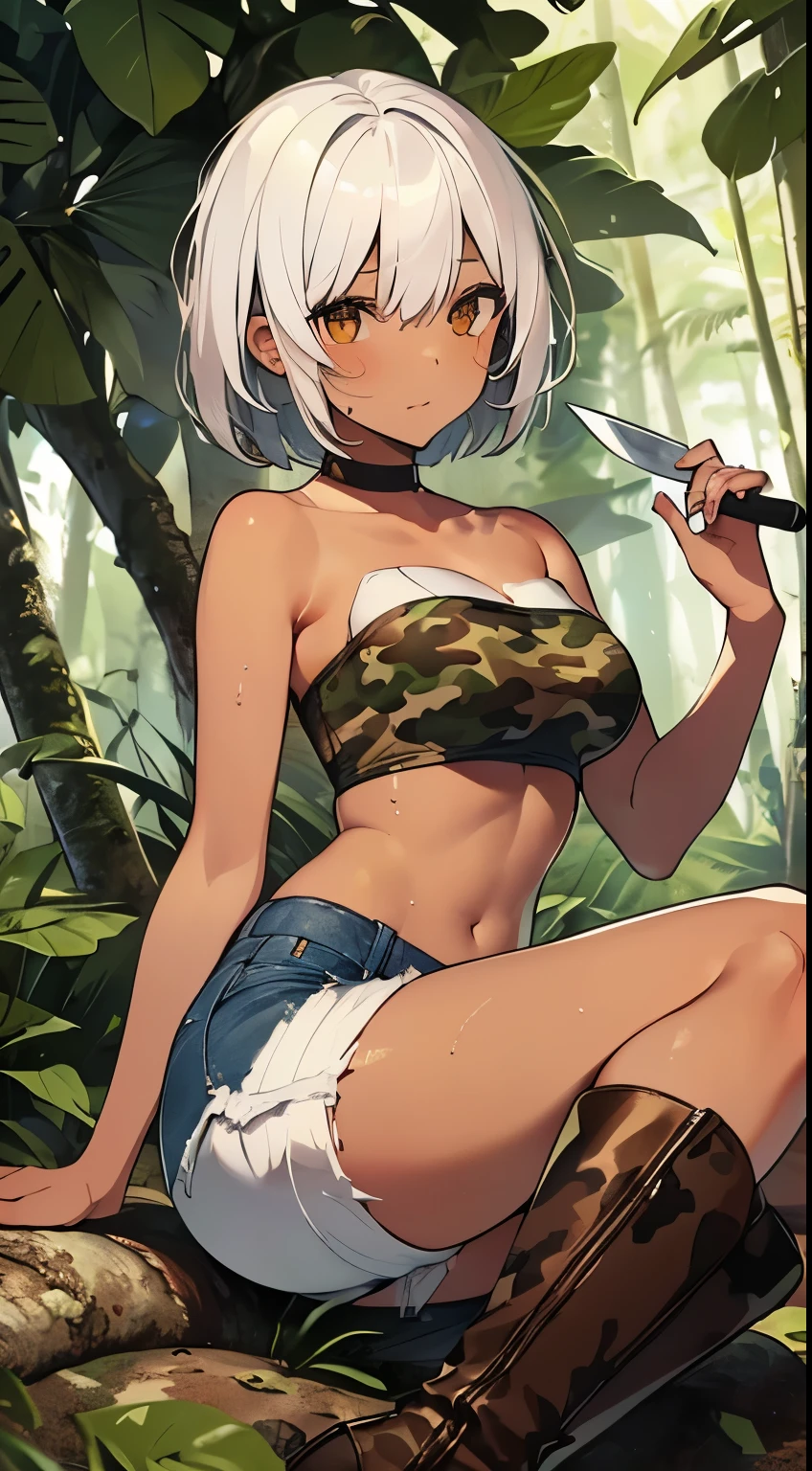 (((dark tan skin))) dark-skinned female, tanned Dark brown skin Strike Witches Kaneshiya Shitara Blue Slingshot knife forest magic hour