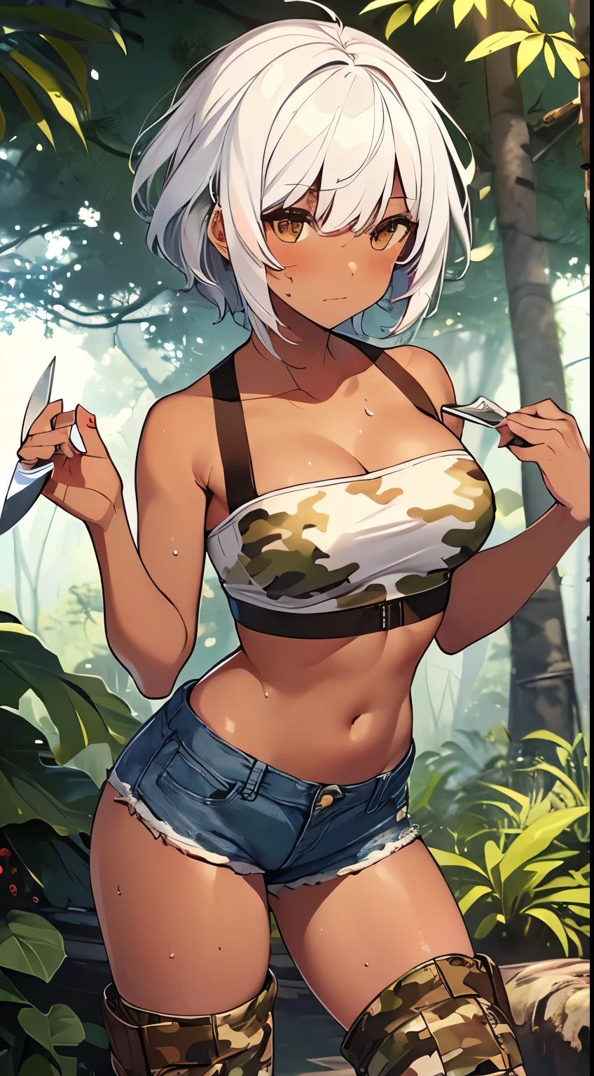 highest quality,(masterpiece),(((Whole body image))),(girl1), (Highly detailed face),Slightly round face, (Tan brown face:1.6), Boyish beauties, Grim face(Big eyes),(Boyish Berry Short Hair:1.5),(white hair:1.6),(Brown skin:1.6),(Denim hot pants:1.3),(Camouflage pattern tube top:1.3),(Brown leather boots:1.2),(Knife in one hand:1.3),in the forest,In the jungle,Woman in survival mode,Sexy thighs,Heat,Sweat heavily,Tropical forests,In combat,Covered in scars