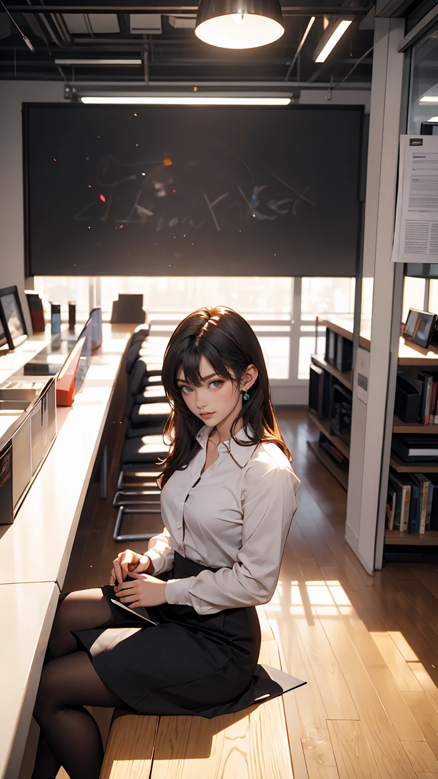 White meeting room、A woman sits at the end of a large long table.、Evangelion's Gendo Ikari pose