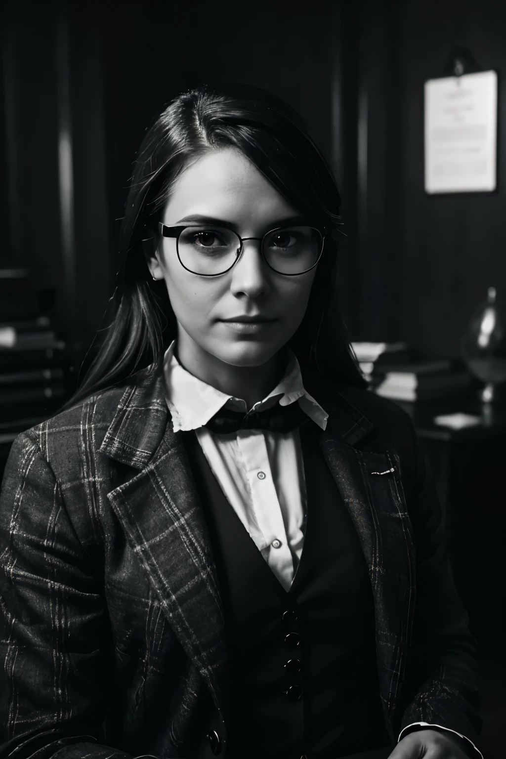 (Best quality, Ultra High-Detailed: 1.3), High-Definition, Black and White, Monochromatic, Noir Film, Striking Contrast, Engineer Office Scene, Intricate Details, Victorian Style, Pointed Beard, Glasses, Masculine Face Structure, Feminine Eyes, Witchy Aura, Hidden behind Glasses, Steampunk Costume, Tweed Suit, Lace-up boots, Desk Full of Gadgets, Laboratory Setting, Slight Smile, Mysterious Atmosphere, Dimly Lit, Shallow Depth of Field, Focus on Face, (Glasses: