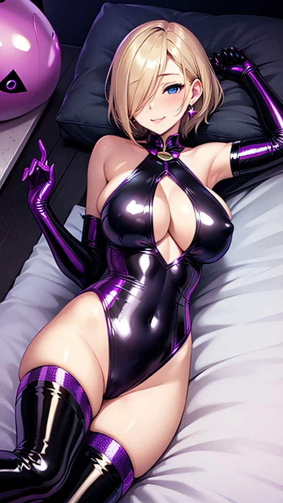 erotic、Short Hair、Big Breasts、Shiny purple sequin leotard、Black knee socks、Leather gloves、boots、Dimly lit room、brainwashing、Hollow Eyes、Evil Female Executives、Adult、Sexy pose、expensive、joy、Queen、Looking down、sadist、Black heart、Fallen into evil、Lying in bed
