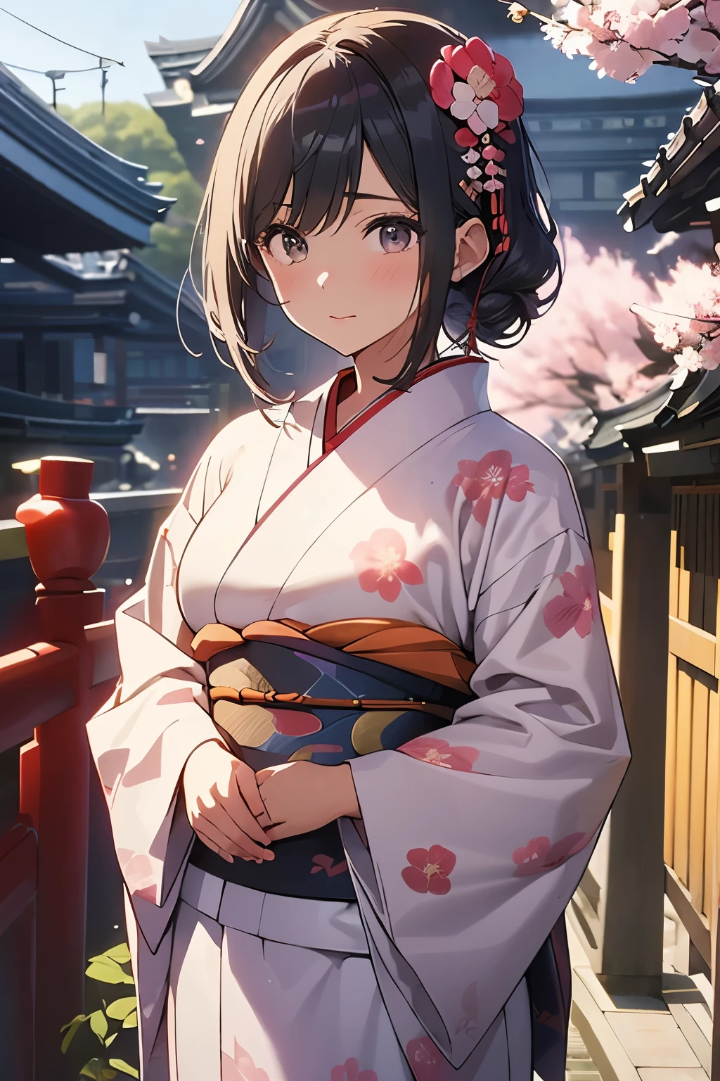 A 25-year-old woman with a 、High resolution、Wearing Japanese clothing、Clothes that appear in Demon Slayer、Hair is tied in Japanese style.、The kimono has a gorgeous cherry blossom pattern.、Shrines and temples in the background、The nape of the neck is beautiful、Fair skin、Japanese women、Clear facial features