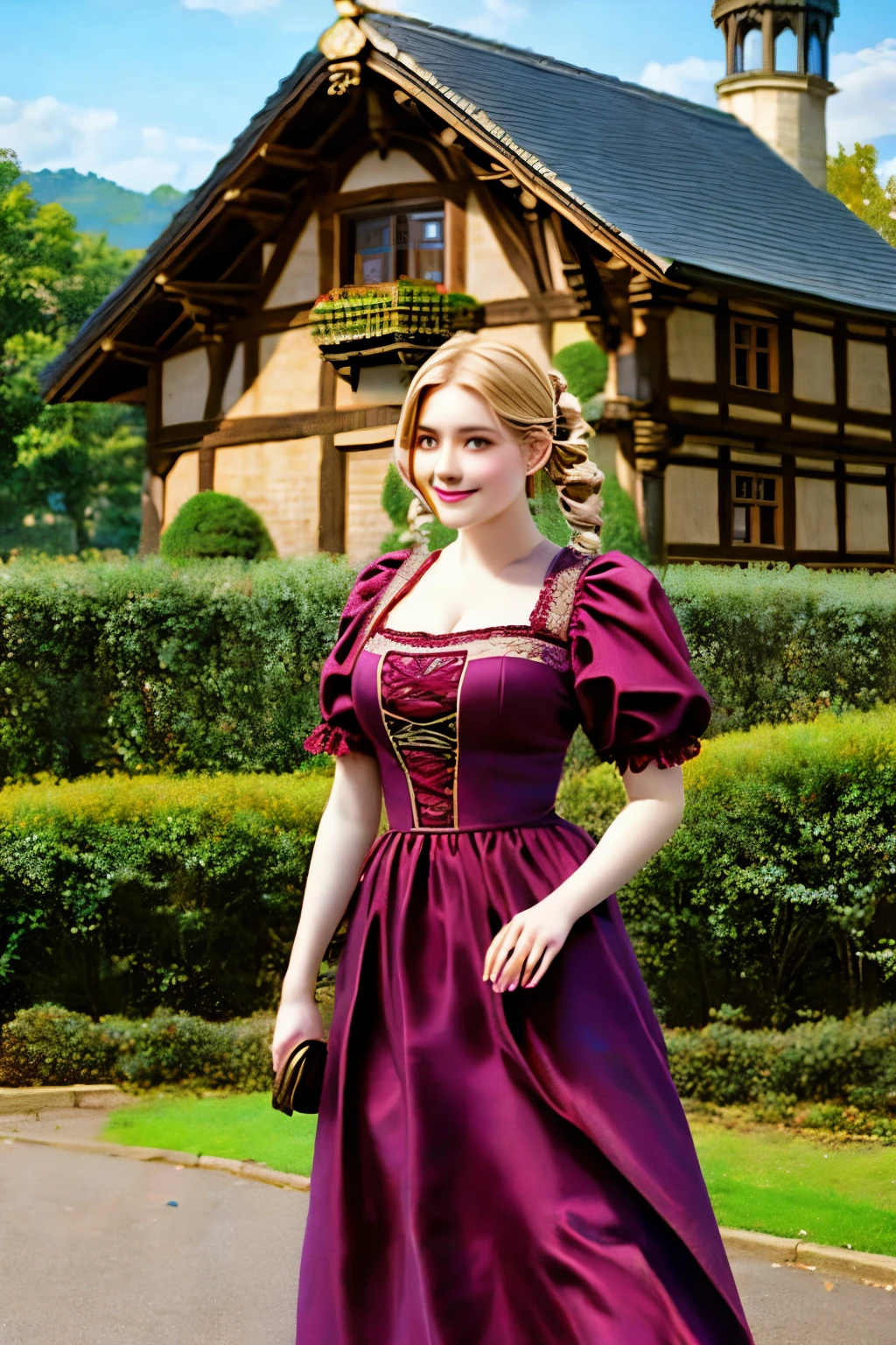 a beauty girl ,wearing gorgeous 16th century dress, German style buildings, landscape