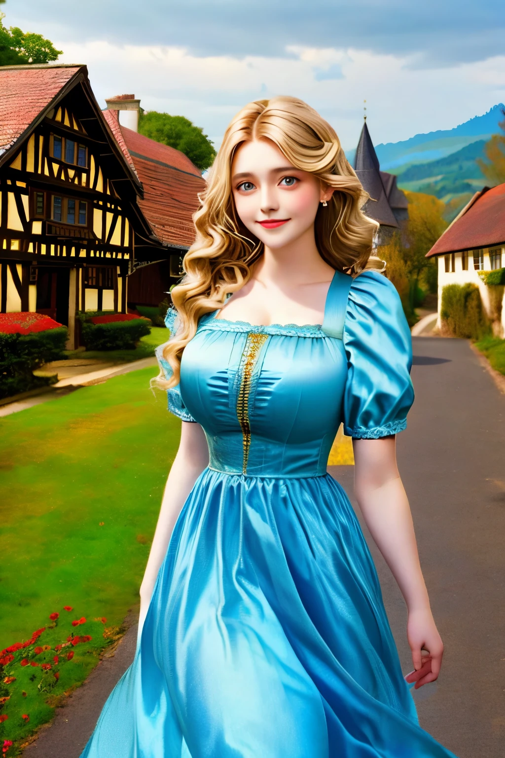 a beauty girl ,wearing gorgeous 16th century dress, German style buildings, landscape