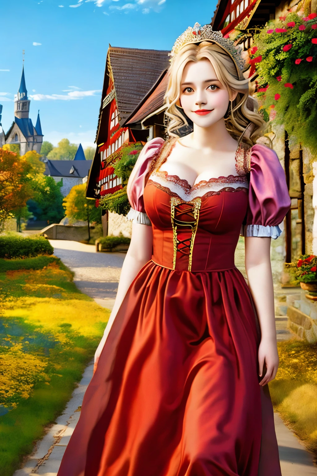 a beauty girl ,wearing gorgeous 16th century dress, German style buildings, landscape