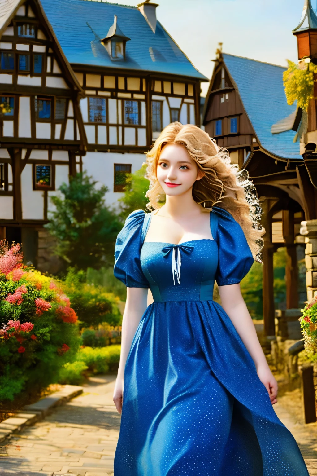 a beauty girl ,wearing gorgeous 16th century dress, German style buildings, landscape