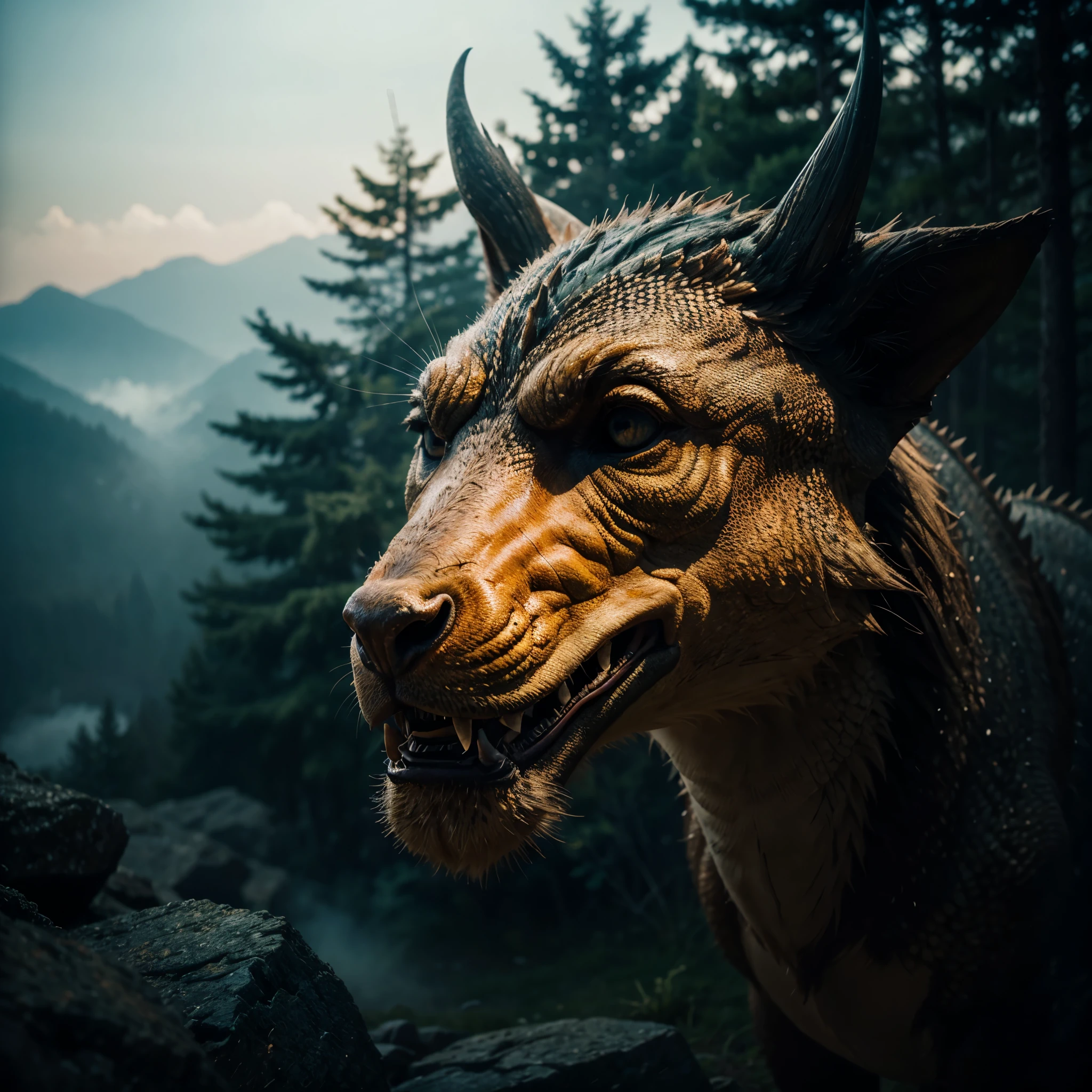 Complex 3D rendering of [[a highly detailed head of a dragon]]、[[a highly detailed head of a dragon]], (mountain:0.8), (cross-processing), (highly detailed), sharp shadows, intricately detailed, photographed on a Hasselblad 500, 80mm F2.8 lens, with Cinestill 800T film, cinematic contrast, outdoors, 32k, sharp focus, detailed sky, Dynamic movement, floresta, emerald fog, mystic, dynamic lighting, filigrana altamente detalhada, complicado, vivid colours, wide angle lens, HDR, hard shadows, art photography, breathtaking, (lens flare:0.7), atmospheric perspective, masterpiece, Neon light, 8K, raw, Best Quality, mastepiece, A high resolution, Colorful, (medium wide shot), (Dynamic perspective), The whole picture、sharp focus , (depth of field f16), ((mastepiece, Best Quality)), Detailed background, Photographed with Canon R5, ​masterpiece, [[The DRAGON'S HEAD is surrounded by mist, evoking a mysterious and eerie atmosphere. The lighting is dark and atmospheric, with a red smoke adding a touch of sinister ambiance. The image is of the best quality, with a resolution of 4k and HDR enhancement, showcasing the utmost level of detail and realism. View from above]]