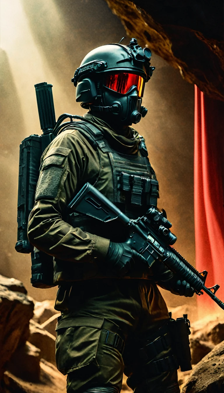 In this image, a indonesia soldier is depicted in a cave, holding a rifle and standing in front of a flag representing indonesia. The overall atmosphere evokes a cyberpunk aesthetic, blending elements of dystopian futurism with the current geopolitical situation in indonesia,
digital UHD (64k) image, cinematic film still dramatic side lighting, dramatic intense stare closeup portrait,  hdr,  shallow depth of field, vignette, highly detailed, high budget Hollywood film, cinemascope, moody, epic, gorgeous
, Highly detailed and clean, Photorealistic and cinematic masterpiece, professional photography, realistic, realism, 200k , Raytracing and light effect , digital, perfect composition, beautiful detailed intricate insanely detailed octane render trending on artstation, 8 k artistic photography, photorealistic concept art, soft natural volumetric cinematic perfect light, award - winning photograph, masterpiece, raphael, caravaggio, greg rutkowski, beeple, beksinski, giger