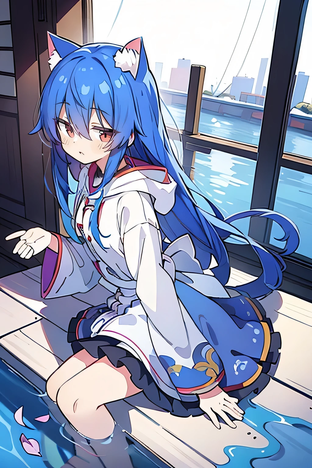 （masterpiece：1.2），Super detailed，lifelike，Expressive eyes，fair skin，perfect face shape，1 girl，
Japanese comics,Gorgeous blue hair,flowing blue hair,flowing clothes,Cat ears,Petals fall,beautiful lola,Baby Angel,
Shaking head with one hand，Cross your legs，Gentle and peaceful background，The pavilion is cool and comfortable,smile, wearing hoodie, background of tokyo,back views,snowing, winter,lie on the water. 