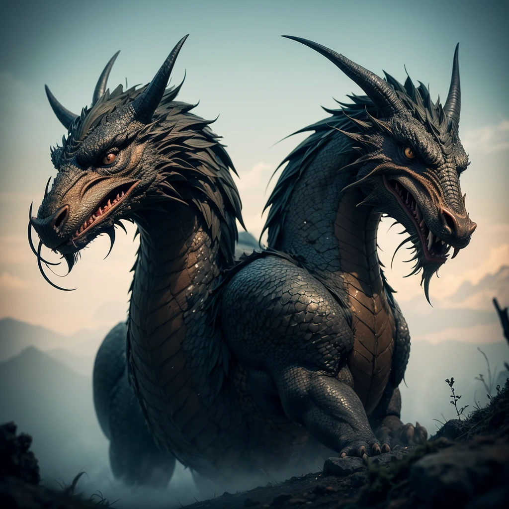 Complex 3D rendering of [[a highly detailed head of a dragon]]、[[a highly detailed head of a dragon]], (mountain:0.8), (cross-processing), (highly detailed), sharp shadows, intricately detailed, photographed on a Hasselblad 500, 80mm F2.8 lens, with Cinestill 800T film, cinematic contrast, outdoors, 32k, sharp focus, detailed sky, Dynamic movement, floresta, emerald fog, mystic, dynamic lighting, filigrana altamente detalhada, complicado, vivid colours, wide angle lens, HDR, hard shadows, art photography, breathtaking, (lens flare:0.7), atmospheric perspective, masterpiece, Neon light, 8K, raw, Best Quality, mastepiece, A high resolution, Colorful, (medium wide shot), (Dynamic perspective), The whole picture、sharp focus , (depth of field f16), ((mastepiece, Best Quality)), Detailed background, Photographed with Canon R5, ​masterpiece, [[The DRAGON'S HEAD is surrounded by mist, evoking a mysterious and eerie atmosphere. The lighting is dark and atmospheric, with a red smoke adding a touch of sinister ambiance. The image is of the best quality, with a resolution of 4k and HDR enhancement, showcasing the utmost level of detail and realism. View from above]]