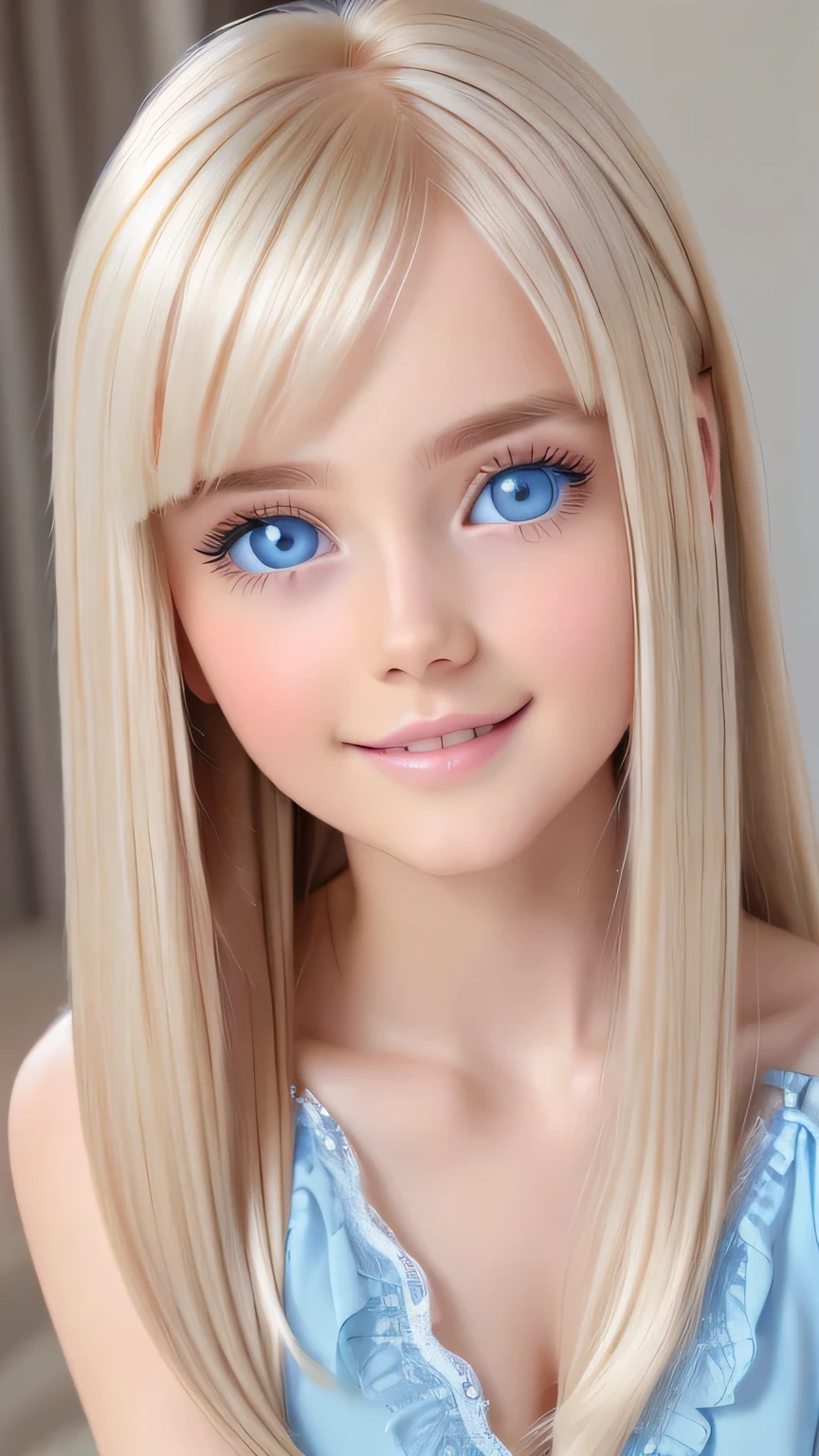 Beautiful white and shining skin、Blonde hair that changes color depending on the light、Bangs between eyes obstruct vision、Shiny highlights on the cheeks、Sexy, very beautiful, lovely, cute, gorgeous face、The most beautiful face in the world、Super long and gorgeous blonde hair、Super long and smooth super long straight hair、Big Breasts, Very large, Beautiful sparkling bright blue eyes、Beautiful Bangs、Beautiful cute girl.Small Face Beauty、Cheek Gloss Highlighter、Round face