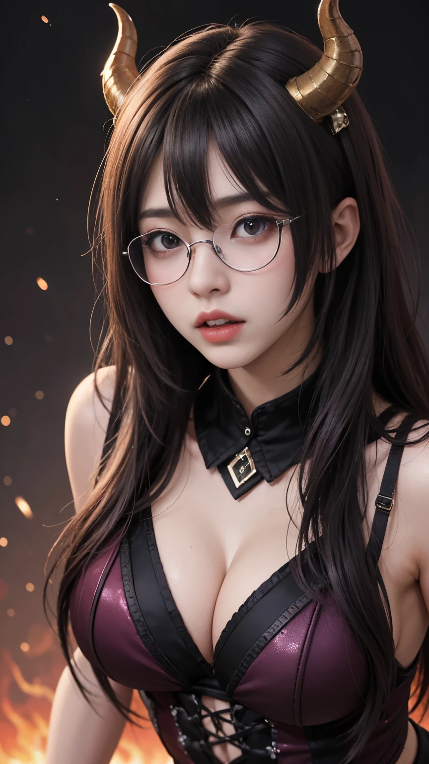 background（Black Night Sky，Big Moon），Close-up of a woman，Wearing a white shirt、((Black-rimmed glasses))、Purple Hair，Very long hair，very thick braids，Purple eyes，big ， realistic girl rendering, 8k artistic german bokeh, Enchanting girl, Realistic girl, Gurwitz, Gurwitz-style artwork, Girl Roleplay, Realistic 3D style, cgstation Popular Topics,, 8K Portrait Rendering,（truth，truth：1.4），Wear pink pajamas，巨big ，Sparkling eyes，Purple eyes、(highest quality,4K,8k,High resolution,masterpiece:1.2),Very detailed,(Realistic,photoRealistic,photo-Realistic:1.37),Mythical monster,Beast-like creature,Muscular,Six big legs,Stand like a gorilla,Red fur covering the body,two big horns,Drill teeth,Sharp Claws,Huge shape,Burning Fire Magic,Energy aura,A threatening presence,Glowing Eyes,Intimidating posture,Dark Environment,Smoke-filled air,Ominous Shadow,Majestic and fierce,Explosive power,Vibrant colors,bold,Horror art style,moving composition,Dramatic lighting,rib layer,large sharp teeth,Sharp Edges,Very detailedスケール,Burning Crack,Burning Flames,Furious expression,Burning with anger,Surrounded by sparks and embers