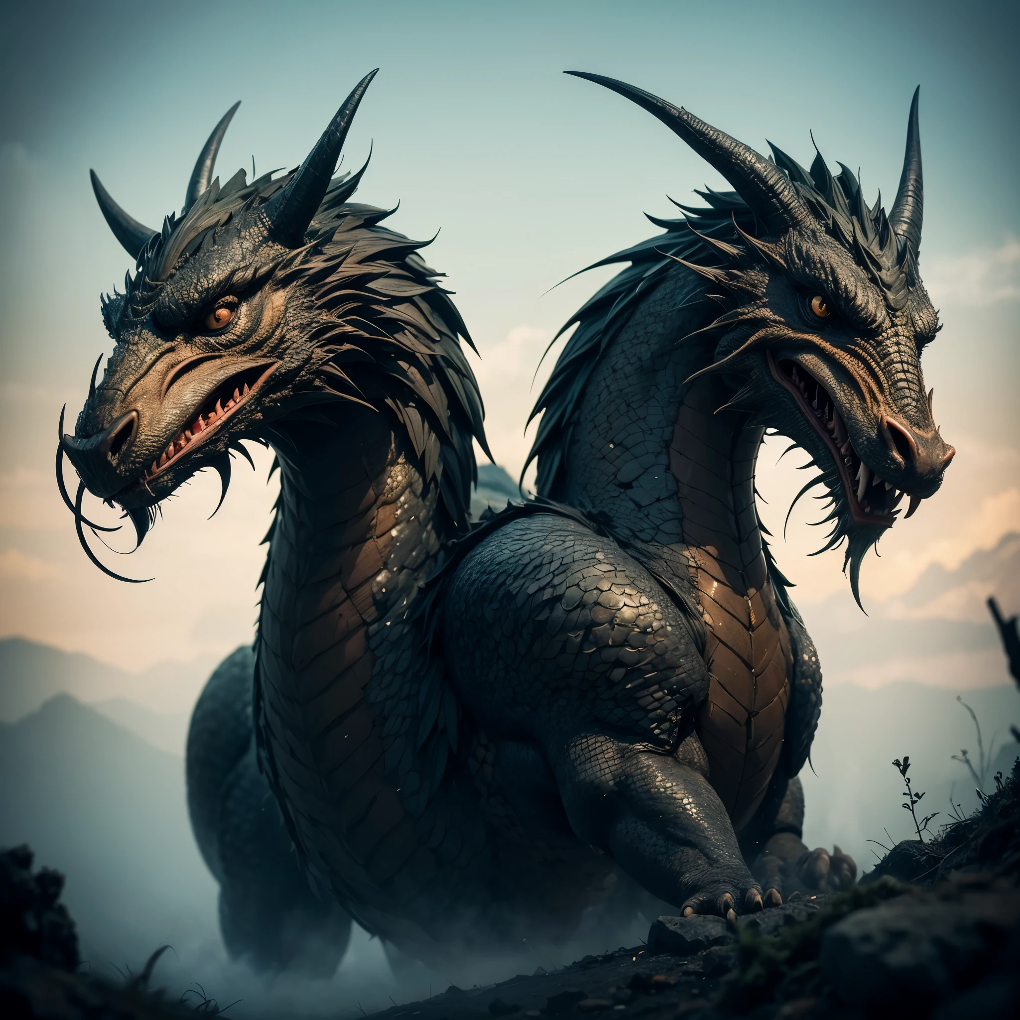 Complex 3D rendering of [[a highly detailed head of a dragon]]、[[a highly detailed head of a dragon]], (mountain:0.8), (cross-processing), (highly detailed), sharp shadows, intricately detailed, photographed on a Hasselblad 500, 80mm F2.8 lens, with Cinestill 800T film, cinematic contrast, outdoors, 32k, sharp focus, detailed sky, Dynamic movement, floresta, emerald fog, mystic, dynamic lighting, filigrana altamente detalhada, complicado, vivid colours, wide angle lens, HDR, hard shadows, art photography, breathtaking, (lens flare:0.7), atmospheric perspective, masterpiece, Neon light, 8K, raw, Best Quality, mastepiece, A high resolution, Colorful, (medium wide shot), (Dynamic perspective), The whole picture、sharp focus , (depth of field f16), ((mastepiece, Best Quality)), Detailed background, Photographed with Canon R5, ​masterpiece, [[The DRAGON'S HEAD is surrounded by mist, evoking a mysterious and eerie atmosphere. The lighting is dark and atmospheric, with a red smoke adding a touch of sinister ambiance. The image is of the best quality, with a resolution of 4k and HDR enhancement, showcasing the utmost level of detail and realism. View from above]]
