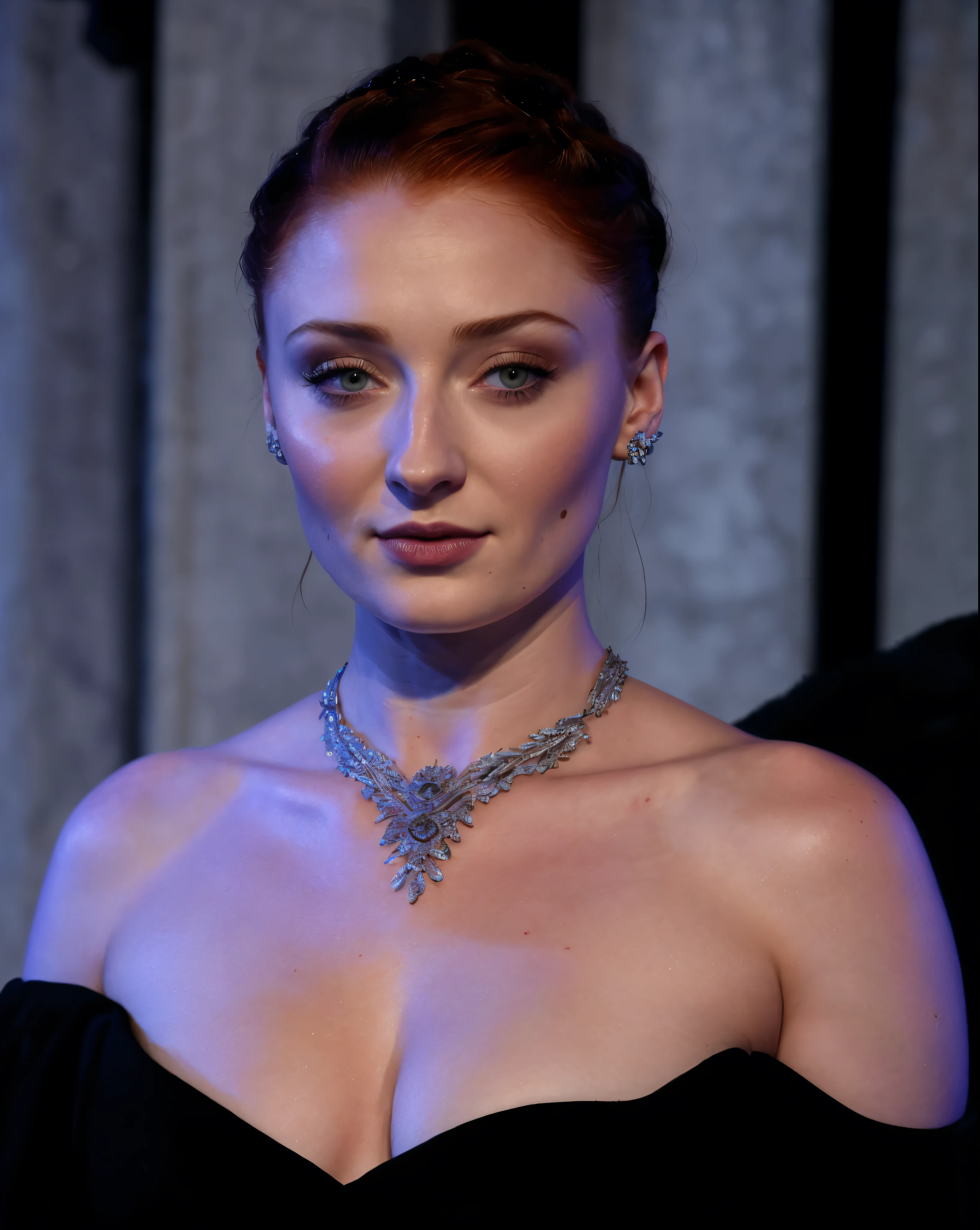Face of Sophie Turner, Sansa Stark played by Sophie Turner, the de facto Lady of the Eyrie, is a 40-year-old mature queen with a stunning, alluring appearance. Full Face, pierced eyes, reddish lips, upper body shot, erotic Mediaeval costumes, game of thrones costumes, She wears a Game of Thrones-inspired costume and has a deep cleavage, a perfect thick body, and a perfect thick figure. The photograph captures her in a close-up, with her skin texture and facial features being ultra-realistic and realistic. Juicy thick figure, high quality skin, Skin pores, amazing details, snow, snow flakes, semi realistic, extremely detailed eyes, dark moody orange and black settings, cool environment, artificial intelligence