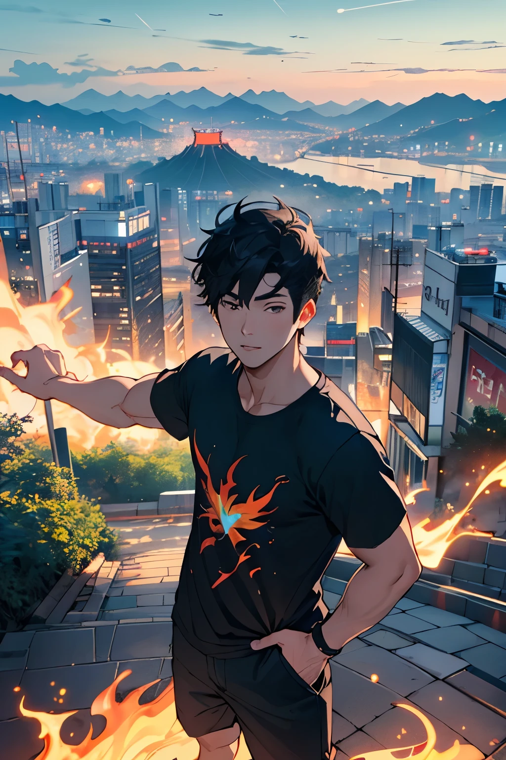 ((Flame Wizard)) male korean black hair ((casual short sleeve tee)) ((clear sky)) ((Panoramic view of Seoul city))
