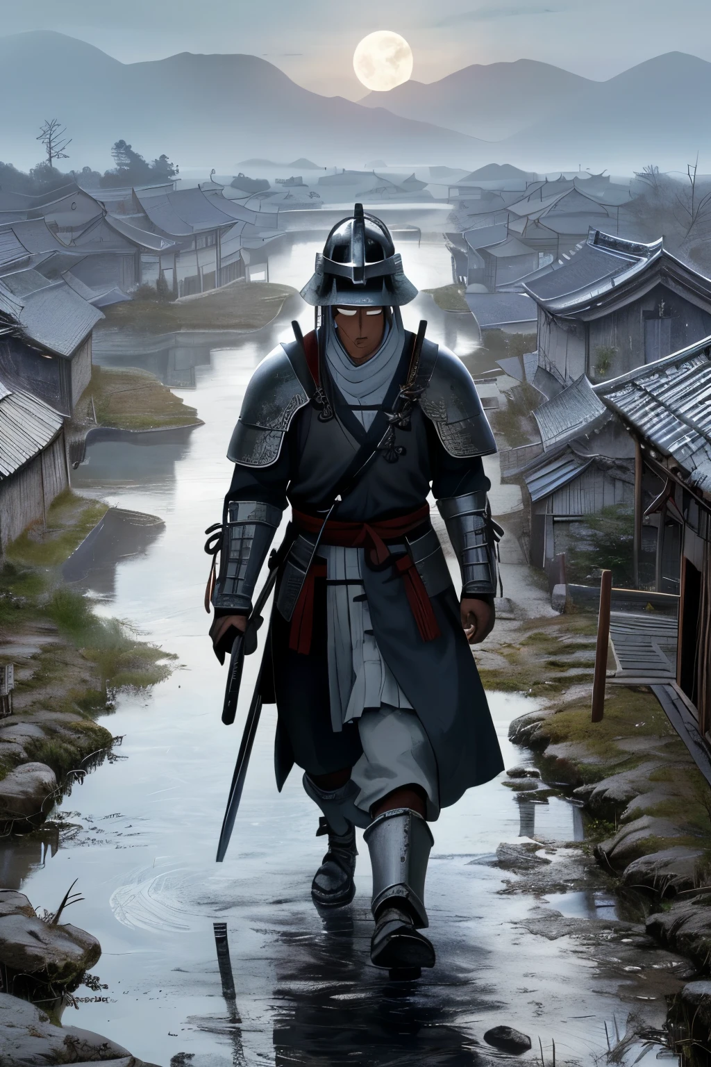 (Asian) Samurai in Medieval Dilapidated Countryside Village:

Shooting from above in an ethereal, midnight setting, the overall silver tone of the scene exudes a mystical atmosphere. A solitary man, clad in Samurai silver armor, stands on a rugged terrain, his visor helmet reflecting the chilling moonlight. With a bow slung over his back and a katana sheathed at his side, he exudes a strong, shabby aura that speaks of countless battles fought and hardships endured.

In the distance, a dilapidated village huddles around a meandering river, farmland stret