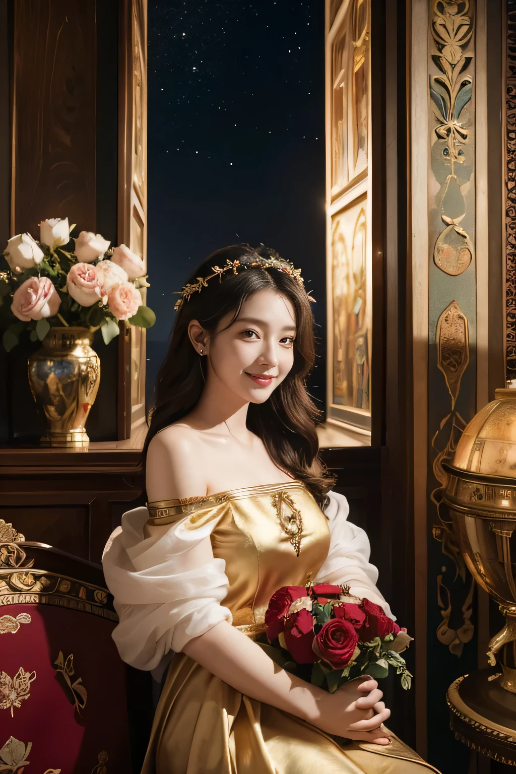 Giorgione painting style,Arguments of two female Philosophe,math、astronomical machine、astronaut、roses in vase、fruits、Cute trinkets、smile、ancient greek costume、Background is a forest lake at night 、Clothes that stretch your shoulders、A big smile、beautiful bare skin、A detailed representation of the seducing woman throughout her body.