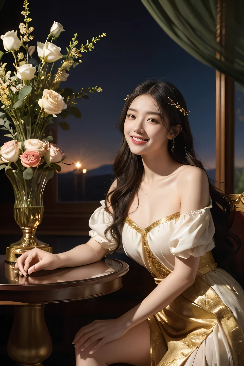 Giorgione painting style,Arguments of two female Philosophe,math、astronomical machine、astronaut、roses in vase、fruits、Cute trinkets、smile、ancient greek costume、Background is a forest lake at night 、Clothes that stretch your shoulders、A big smile、beautiful bare skin、A detailed representation of the seducing woman throughout her body.