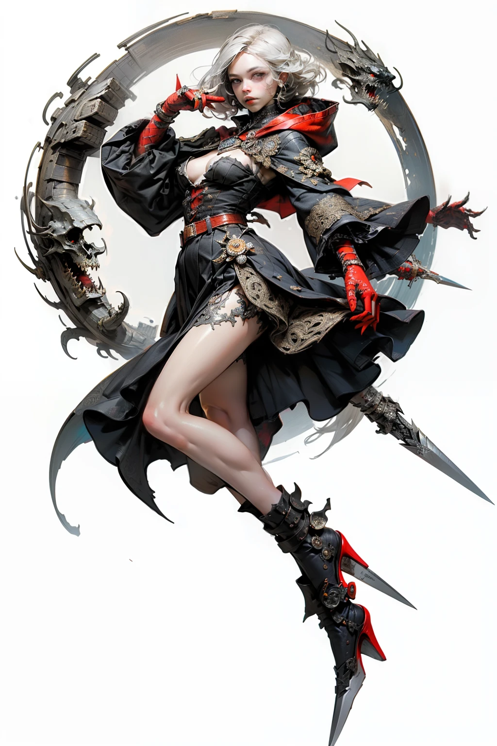 mpts
Copy
(((masutepiece, of the highest quality, super detailed))), hand drawn style, hand painted style, watercolour, sketch, a knight, white background, plain background, Bloodborne inspired, tatty Bloodborne attire, occult aesthetic, occult, tatty red and white clothing detailed and intricate steampunk and detailed gothic ta (with a hood), diadems, long coat, long legs, Complex laced boots, Fluttering lace flared long knee length dress with frilly petticoats, long dress, knee length dress, pleated petticoats, loliress, petticoats gothic lolita, tiful small breasts, (((( Highly detailed face))), small thin nose, Small thin lips mouth, (((Very sharp focused eyes))), Very large slit precision pale grey eyes that shine like jewels. very long eyelashes, Silver hair swaying in the wind, Emitting a dazzling light in a mandala pattern, white background, Very dramatic and cinematic lighting, tatty damaged old red and white clothing, full body, whole body, body, cosmic horror, grim dark