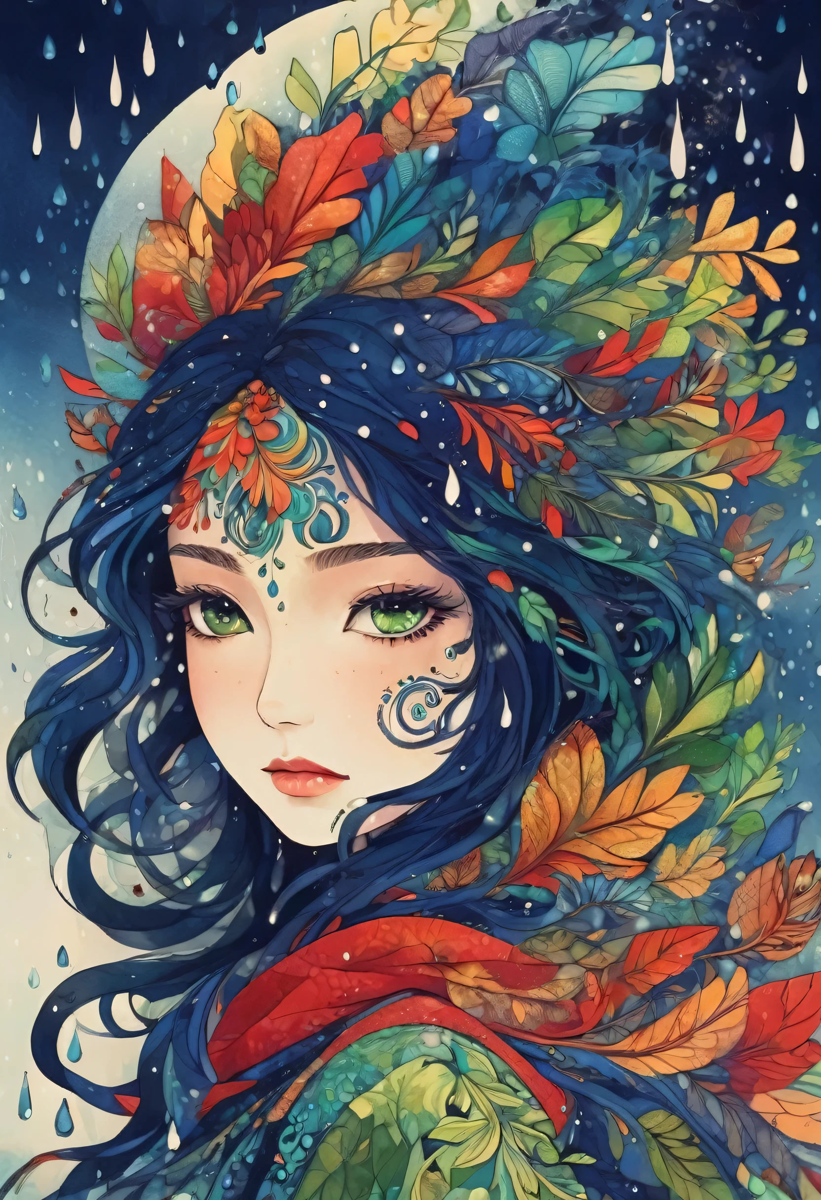 (highest quality,High resolution:1.2),Rain Spirit、Beautiful female spirit、Colorful background,Navy Blue、Navy、red、green、Blurred,Zentangle Style,Fractal Style、black,Brown, Smash it, stand out, The most inspiring silhouette ever, Shine, magic, thank you. By Tupu...lol...