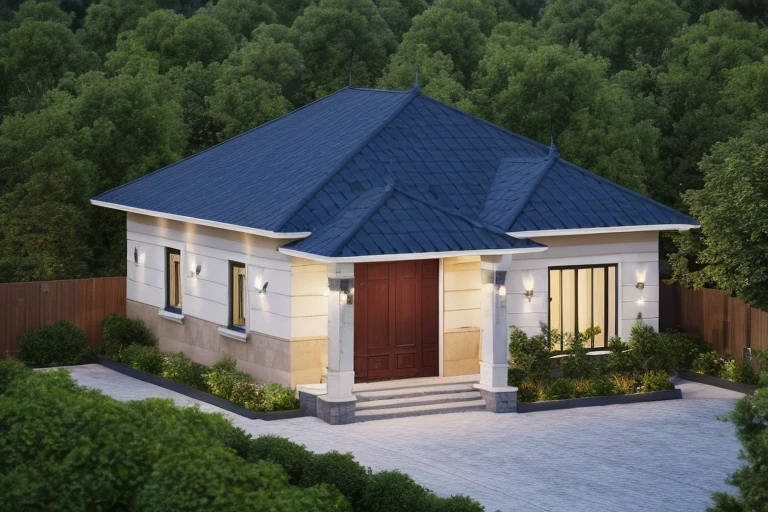 (Villa in city ,close houses and trees), slope_roof , tile_roof ,daylight ( best quality) ((high solution)) ,(( photo realistic)) ,warm light,  soft lighting, warm atmosphere,high Resolution, hyper detailed,4k ,vray render, octane render, hyper realistic, photography expert ,exterior design , professional photography, exterior photography,wide-angle shot , ultra detail , high Resolution , full frame, full body