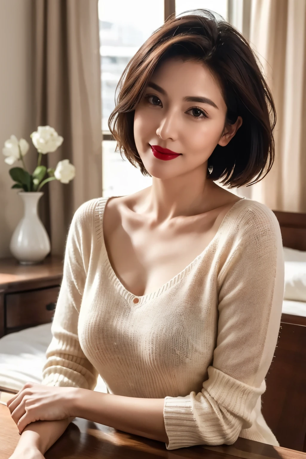 Tabletop, highest quality, Realistic, Very detailed, finely, High resolution, 8k wallpaper, RAW Photos, Professional photography, Written boundary depth, One mature woman, Bedroom, (Red lips), ((Looking into the camera)), (look forward to), Upper Body, short hair, Bob Hair, (Straight hair), Shapely small breasts, V-neck see-through knit sweater, Mature Woman_Saga, Mature Woman_Saga_face