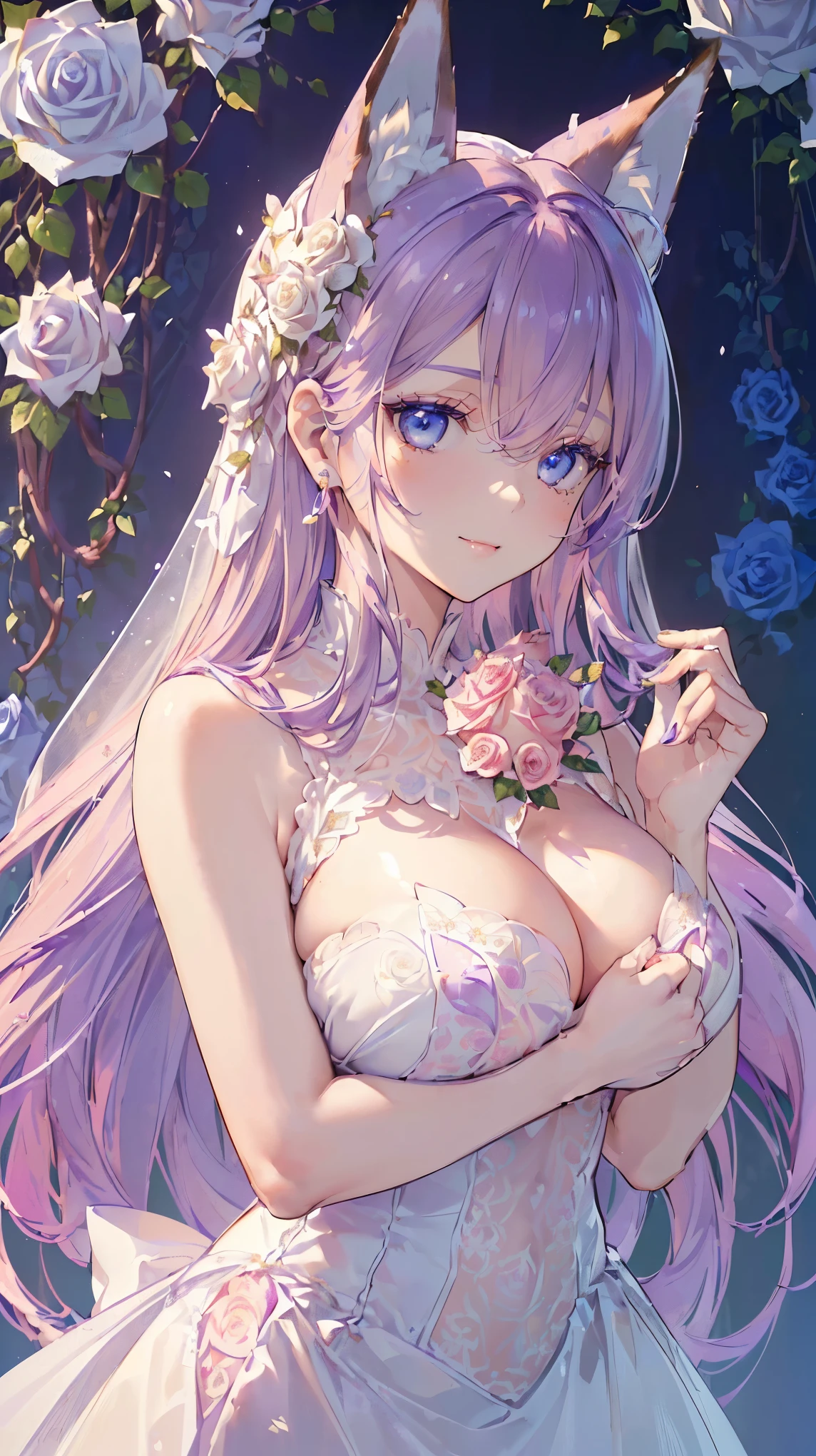 (((Masterpiece))), (((Highest quality))), ((Ultra-detailed)), ((Super fine illustration)), ((Ultra-fine painting)), (16K highest quality wallpaper:1.4), (Upper body:1.4), (Highly detailed and delicate illustration style:1.8), Detailed skin texture, Detailed cloth texture, Detailed rose flower texture, Extreme detailed description, (T-masterpiece), (Highly detailed face:1.4), (Highly detailed Purple fox ears:1.2), (Highly detailed Purple hair:1.2), (Highly detailed clear eyes:1.2), Original, RAW photo, Professional, Intricate details, Super details, Direct light:1.6, (Perfect anatomy:1.4), (Highly detailed hands:1.2), (Highly detailed fingers:1.2), (Highly detailed fingertips:1.2), (27-years-old), Real, (Solo:1.6), ((A very beautiful and attractive Purple fox female fashion model:1.4))
BRAKE
(Beautiful and adorable Purple fox ears:1.6), (Highly detailed and delicate Purple fox ears:1.2), (Beautiful and well-shaped big breasts:1.2), (Beautiful and well-shaped buttocks), (Beautiful and shiny Purple hair:1.6), (Highly detailed and delicate Purple hair:1.4), (Beautiful clear blue eyes that shine with great detail:1.6), (Highly detailed and delicate blue eyes:1.2), (Highly detailed face:1.4), (Smile:1.4), (Looking at viewer:1.4), (Standing:1.4), (Celebration:1.4)
BRAKE
((A beautiful and gorgeous princess dress that is detailed and delicate to be worn at celebratory occasions:1.4))
BRAKE
((Holding in both hands a large bouquet of highly detailed and delicate ((white and pink roses)):1.3))
BRAKE
(Celebration:1.4), (((Highly detailed and delicate white rose flower and pink rose flower garden background:1.4)), Highly detailed and delicate royal palace courtyard background in just after noon in spring:1.4) BRAKE