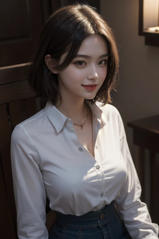 (64k uhd、nffsw、top-quality、masterpiece:1.2)、(realisitic、Photorealsitic:1.37)、ultra-detailliert、 1 人、cute little、独奏、Beautiful detailed sky、Detailed Cafe、natta、sitting on、date、(Nasal blush) )、(A smile:1.15)、(a closed mouth)ultra gigantic tits、Beautiful fine eyes、(shirt with collar:1.1)、natta、Wet、Transaction service、Sateen、White lace、(short-hair:1.2)、Float NovaFrogStyle、toppless、