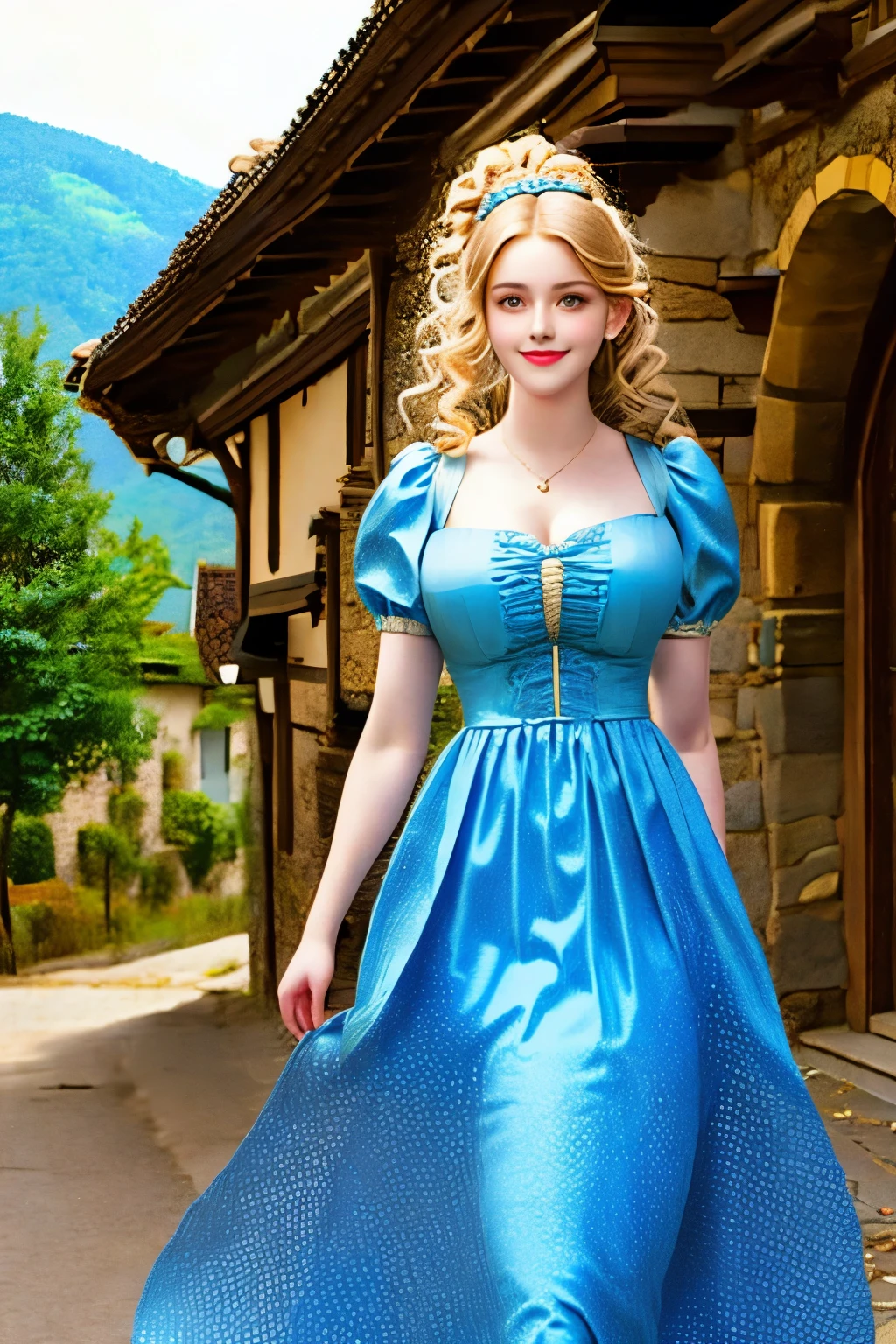 a beauty girl ,wearing gorgeous 16th century dress, German style buildings, landscape