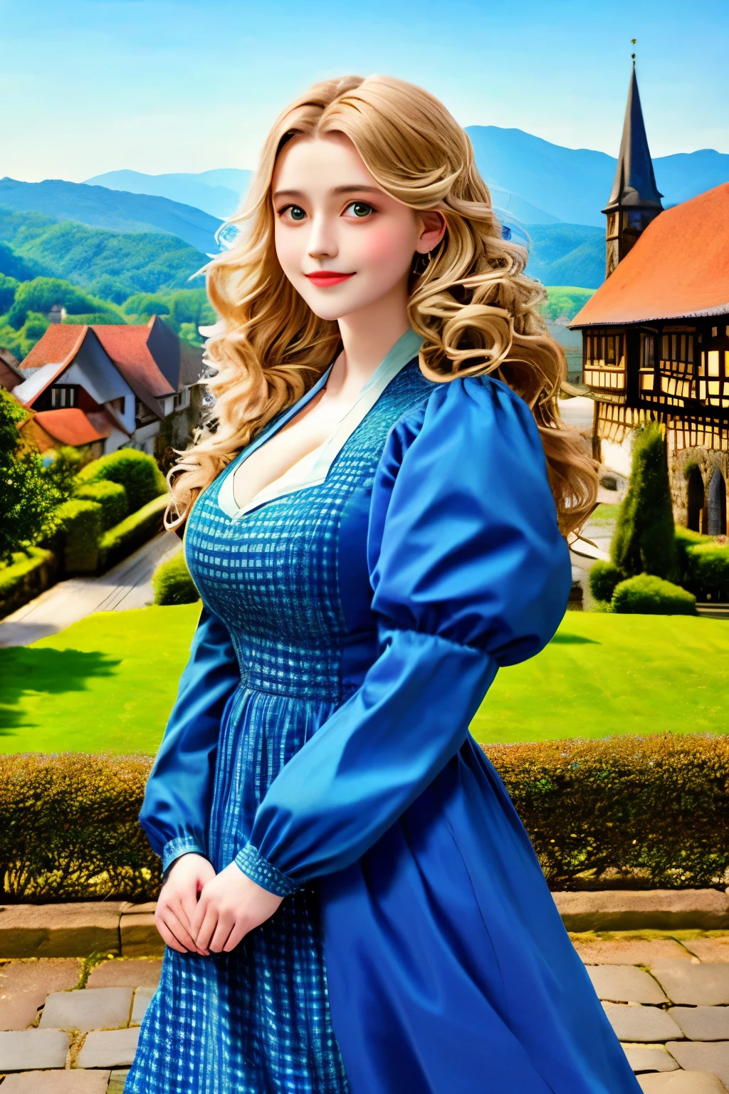 a beauty girl ,wearing gorgeous 16th century dress, German style buildings, landscape