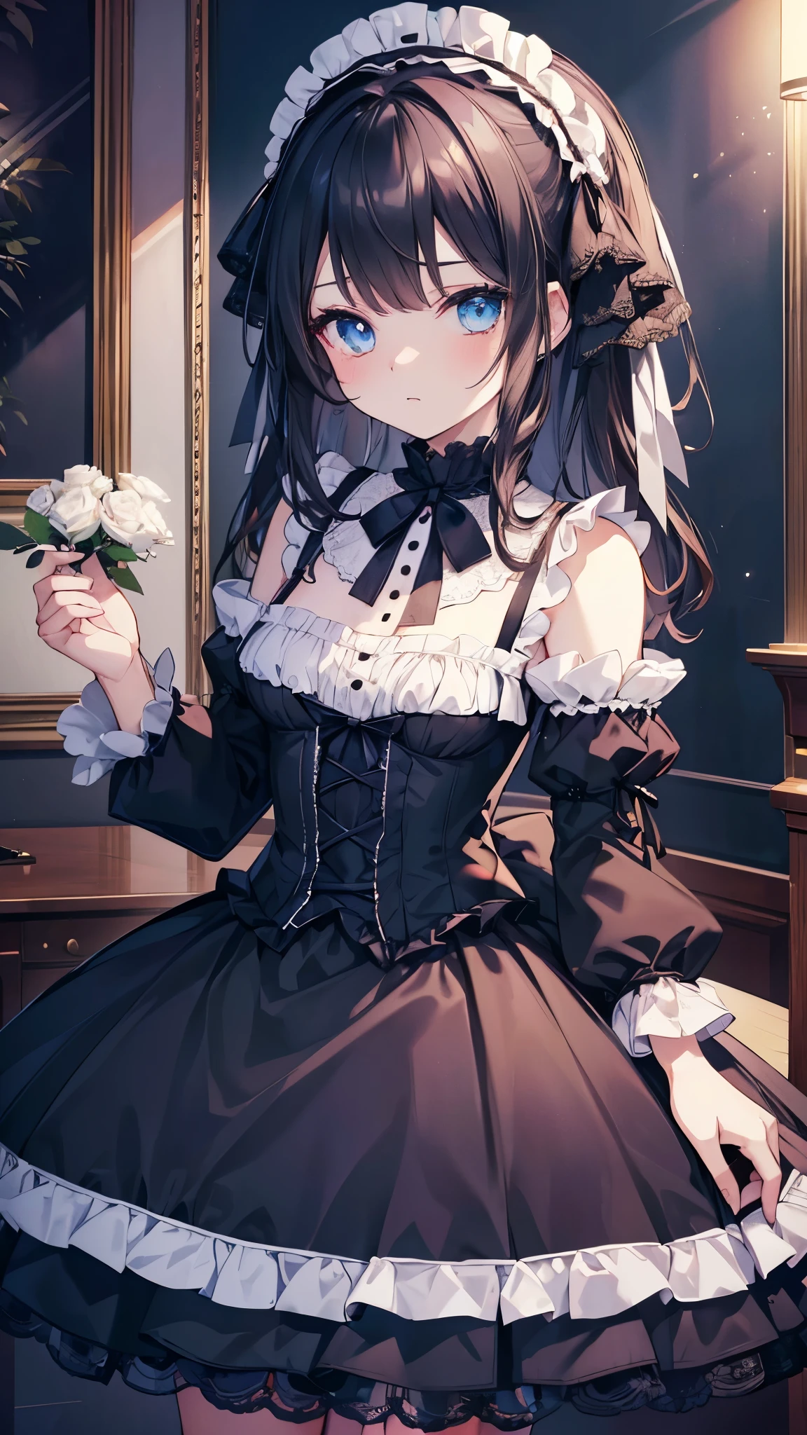(Tabletop, highest quality:1.2), 8k, 85mm, Official Art, Absurd, Black-haired, (blue eyes, Lolita Fashion, sweet lolita, Gothic, dress:1.2), Idol's face, Upper Body, beautiful girl, Gardeniass, Copenhagen, Short sleeve, grace, Sophisticated, Gardenia, Film Grain, chromatic aberration, Sharp focus, Face Light, Dynamic Lighting, Cinema Lighting,(( blush、Embarrassed expression, avert your eyes、Looking down shyly:1.2))、(((Pull up your skirt、White panties are visible、Sujiman、slit)))